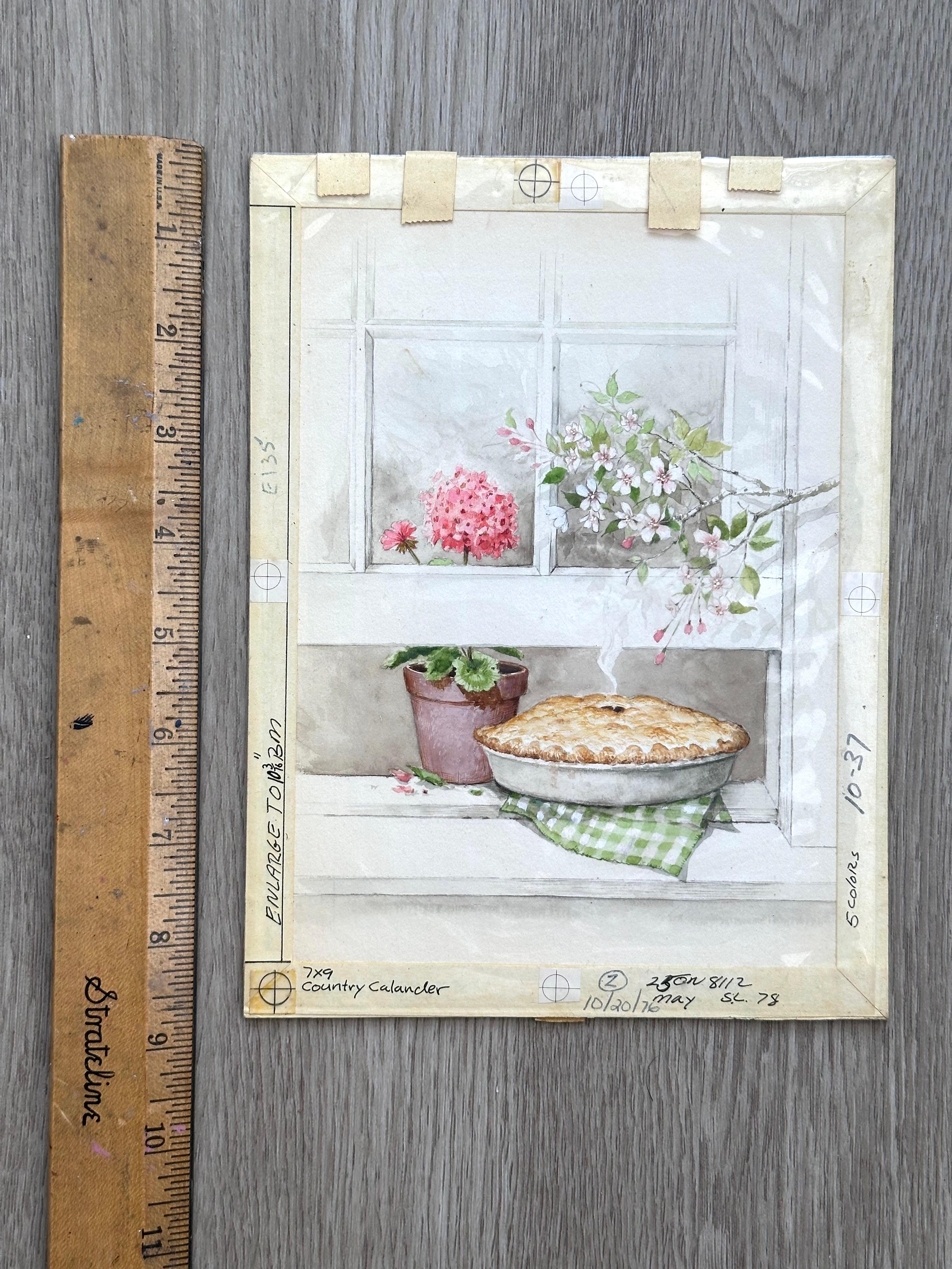 Pie Cooling at Window Floral Still Life (Country Calendar Illustration) For Sale 3