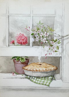 Pie Cooling at Window Floral Still Life (Country Calendar Illustration)