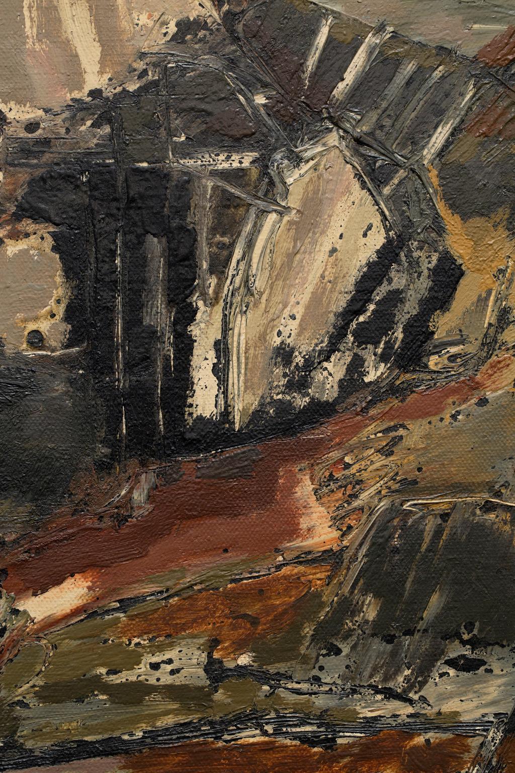 This striking oil on canvas painting is emblematic of one of artist Rudy Pozzatti's favorite themes, the ruins of civilization. Many of his ruins based works were done in contemplation of Pozzatti's trip to Italy on a Guggenheim Fellowship where he