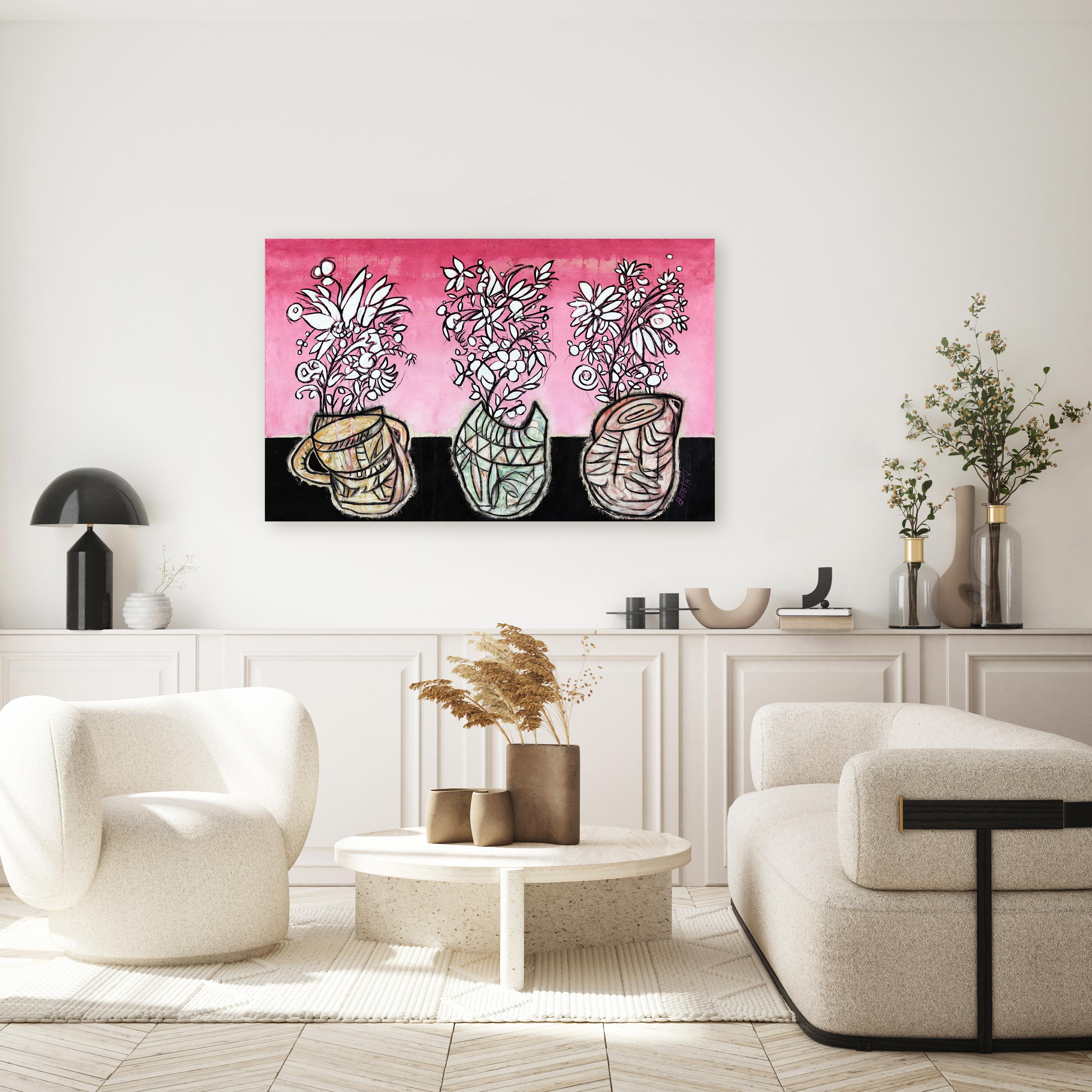 3 Pink - Opera d'arte originale floreale astratta e vibrante di grandi dimensioni - Painting di Rue Bootay