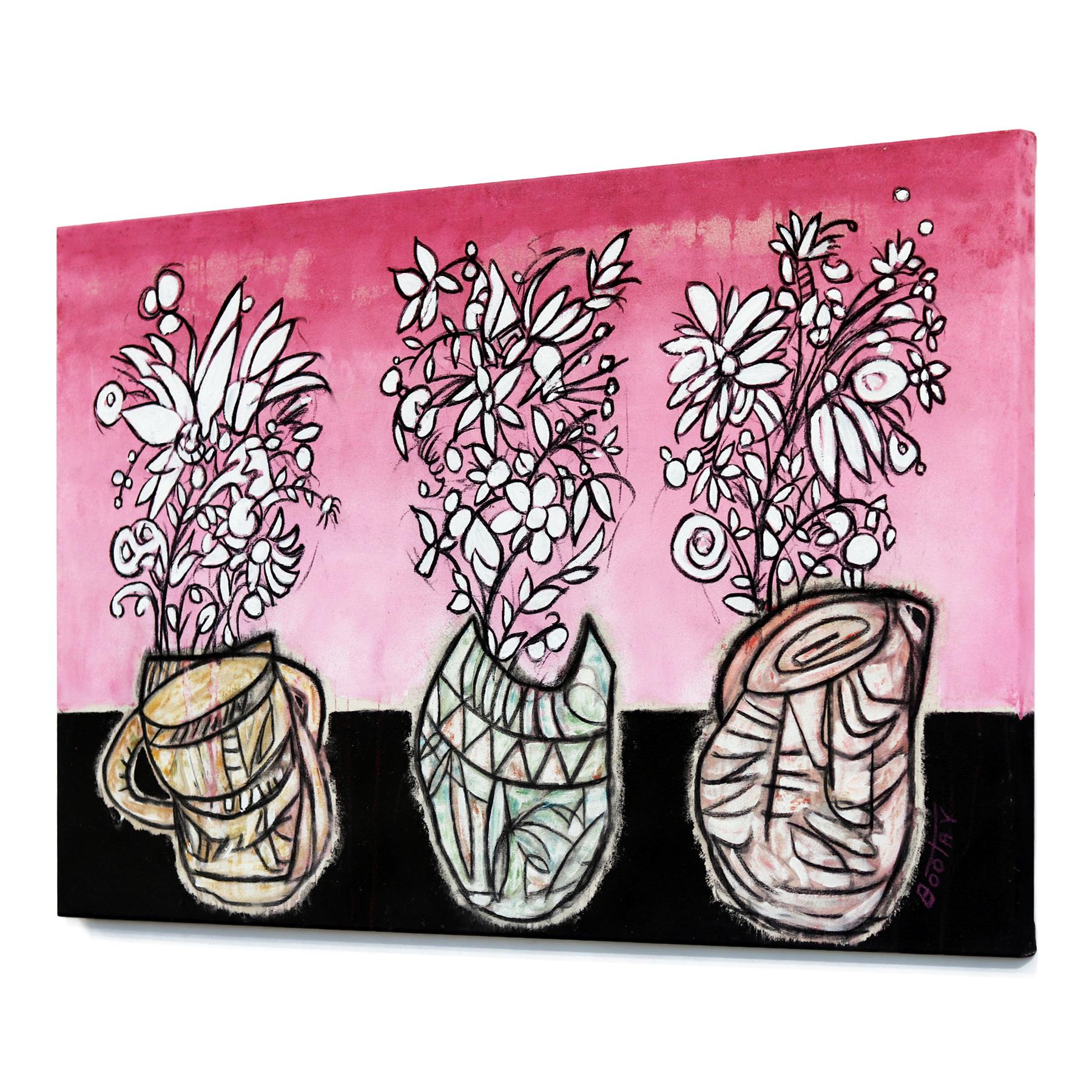 3 Pink - Opera d'arte originale floreale astratta e vibrante di grandi dimensioni - Abstract Painting Rosa di Rue Bootay