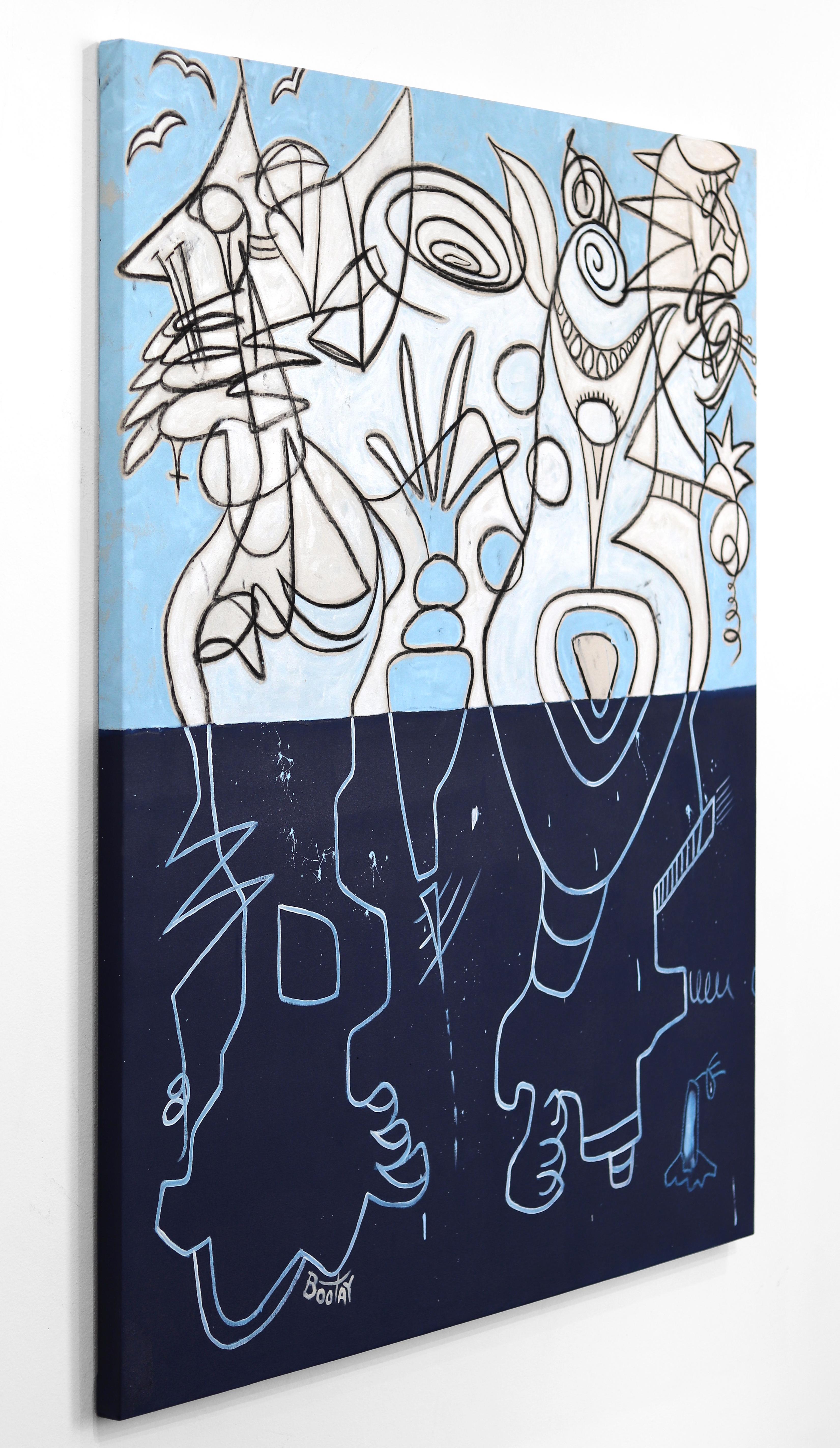 Blauer Horizont – Surrealistisches Mixed Media-Kunstwerk in zweifarbigem Blau, Original auf Leinwand  im Angebot 1