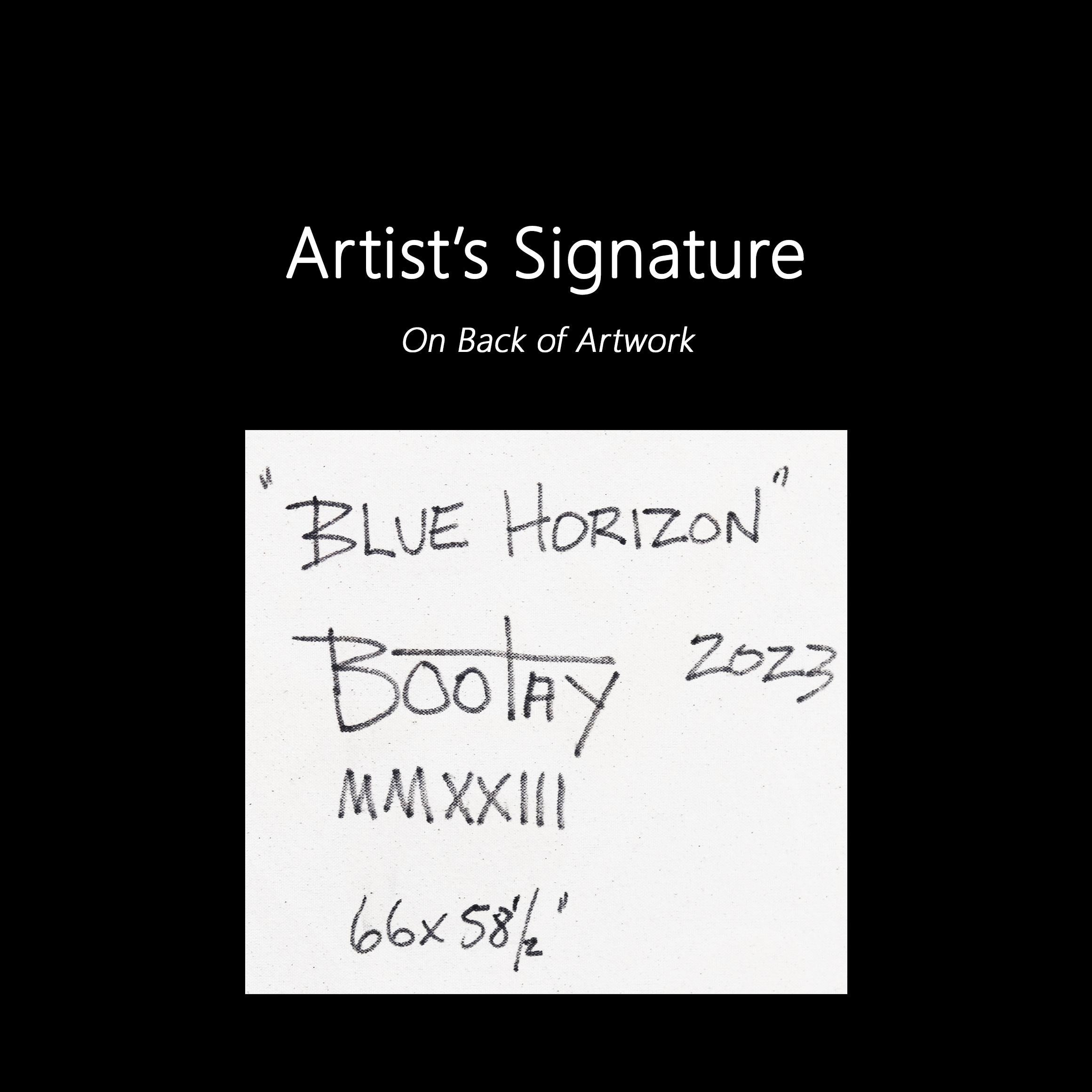Blauer Horizont – Surrealistisches Mixed Media-Kunstwerk in zweifarbigem Blau, Original auf Leinwand  im Angebot 6