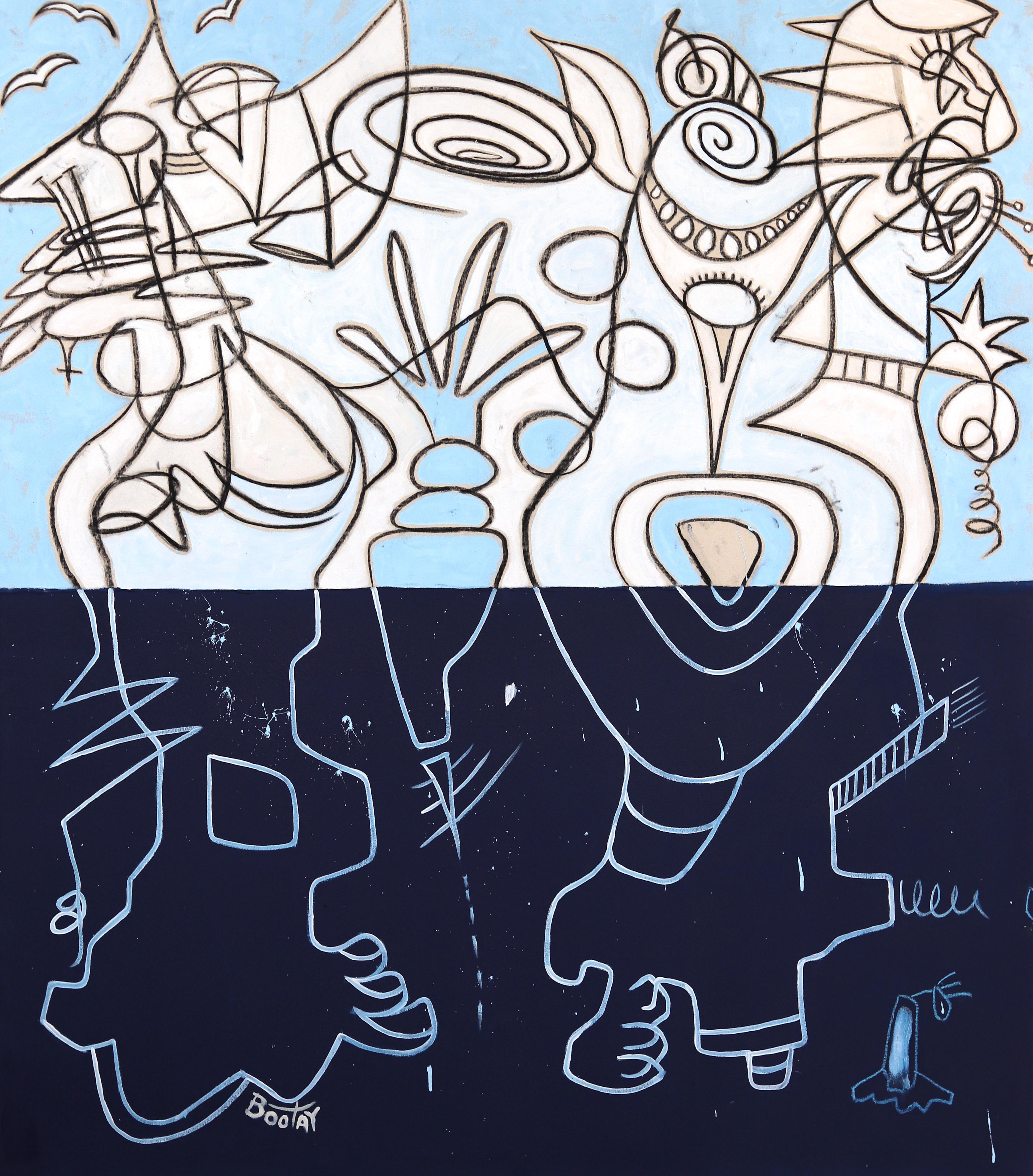 Blauer Horizont – Surrealistisches Mixed Media-Kunstwerk in zweifarbigem Blau, Original auf Leinwand  – Mixed Media Art von Rue Bootay