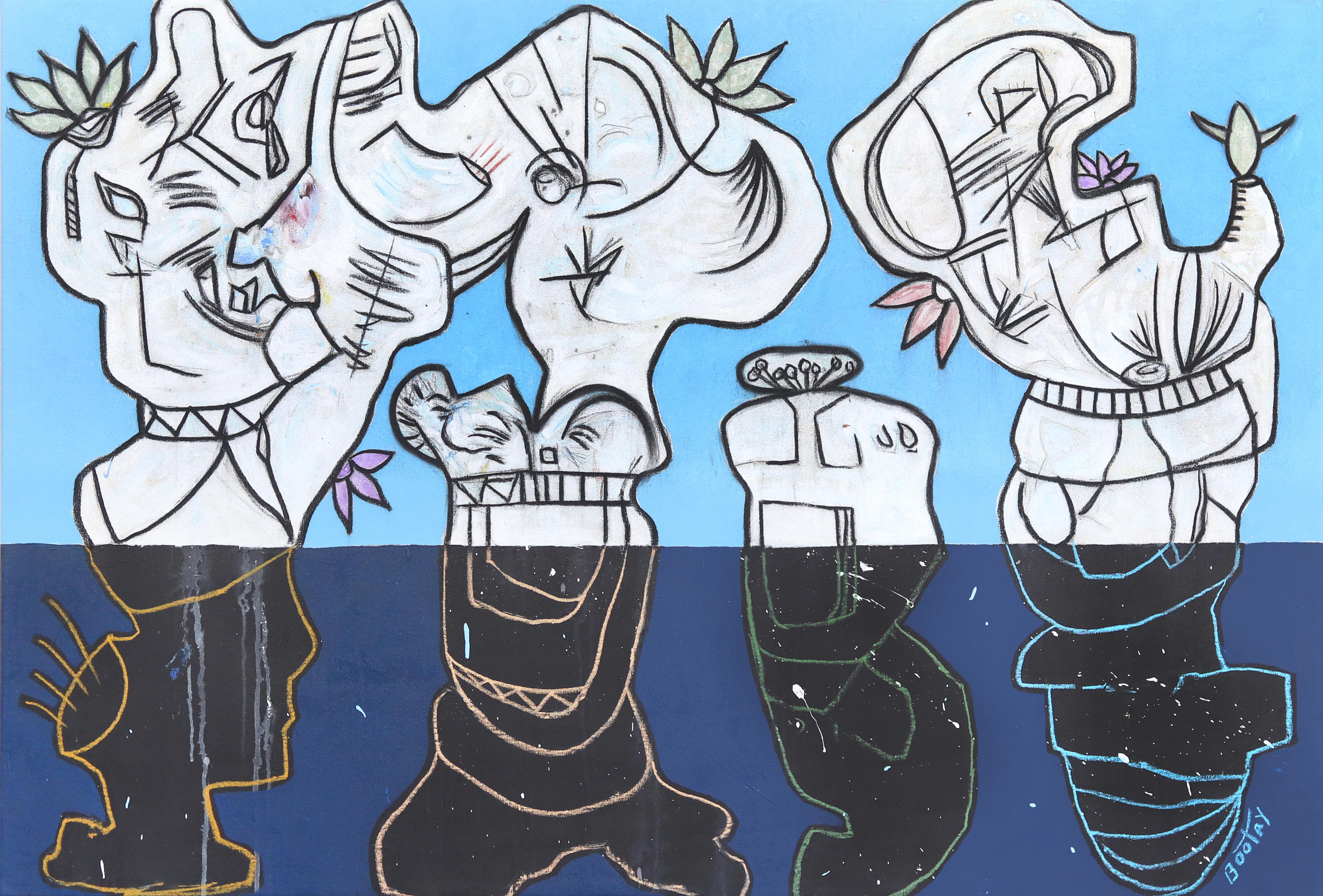 Groupe de hommes bleus - Grande œuvre d'art originale sur toile abstraite