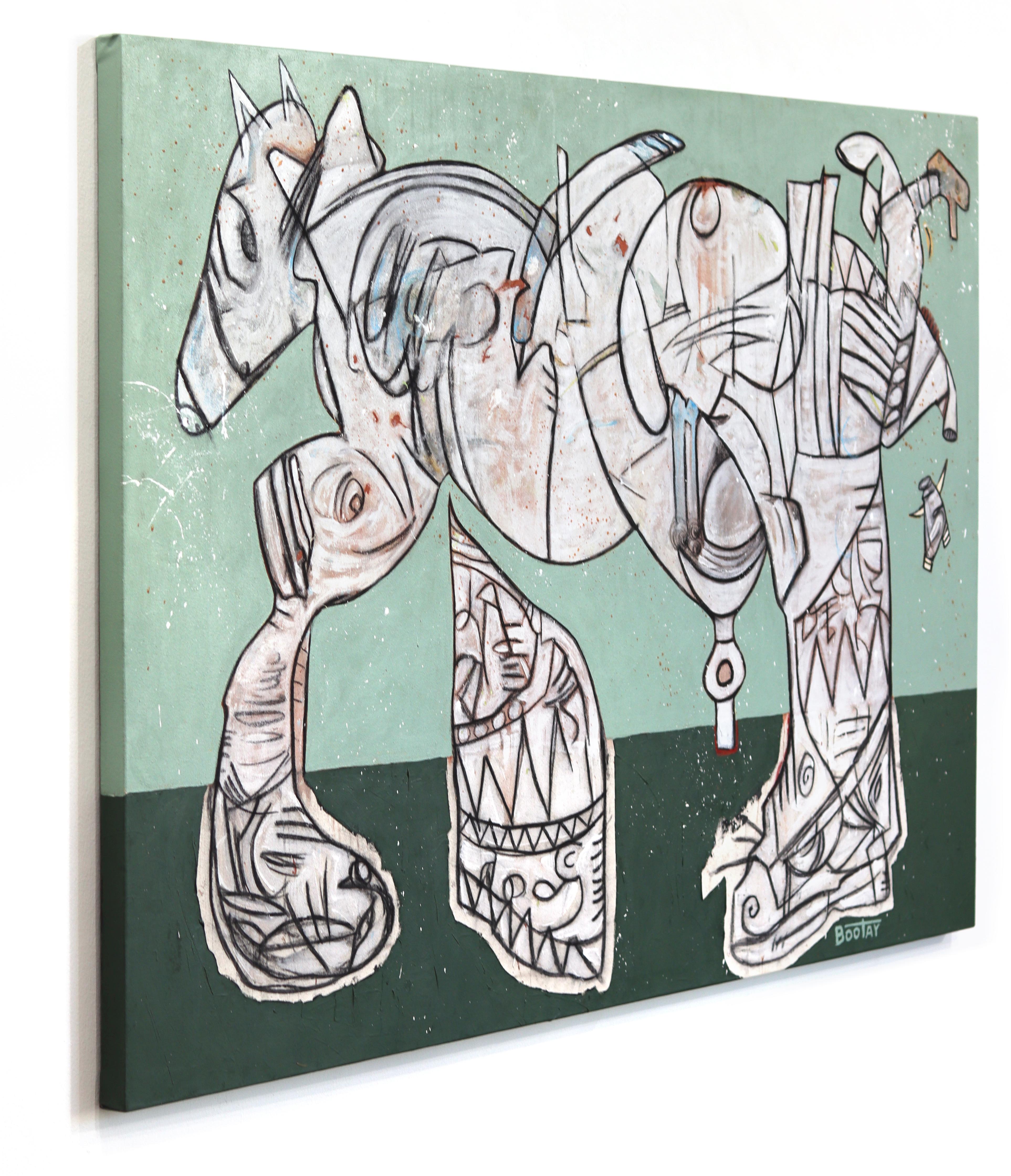 Equus Junior - Large Abstract Sage & Dark Green Organic Pastel Artwork on Canvas For Sale 2