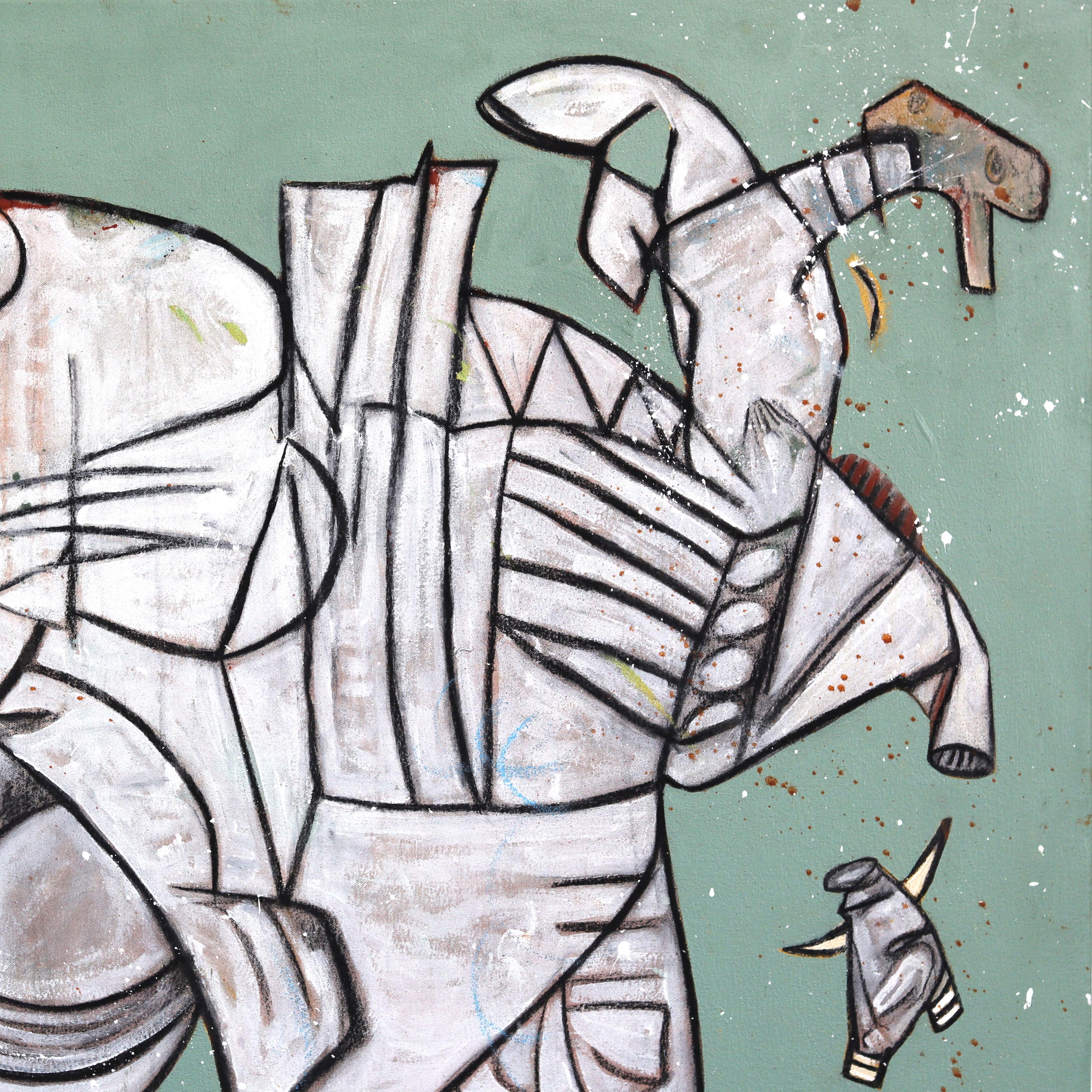 Equus Junior - Large Abstract Sage & Dark Green Organic Pastel Artwork on Canvas For Sale 3