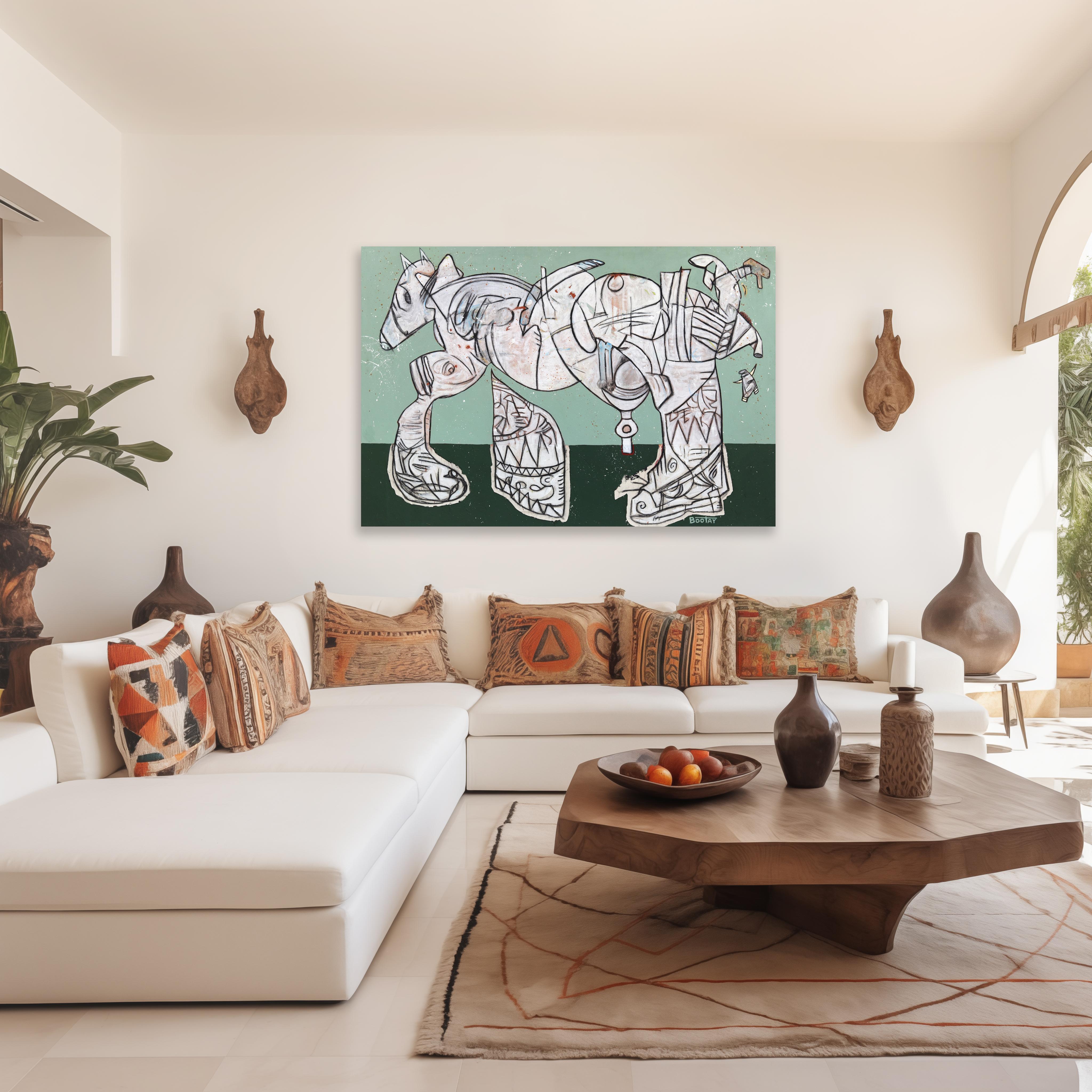 Equus Junior - Large Abstract Sage & Dark Green Organic Pastel Artwork on Canvas For Sale 4