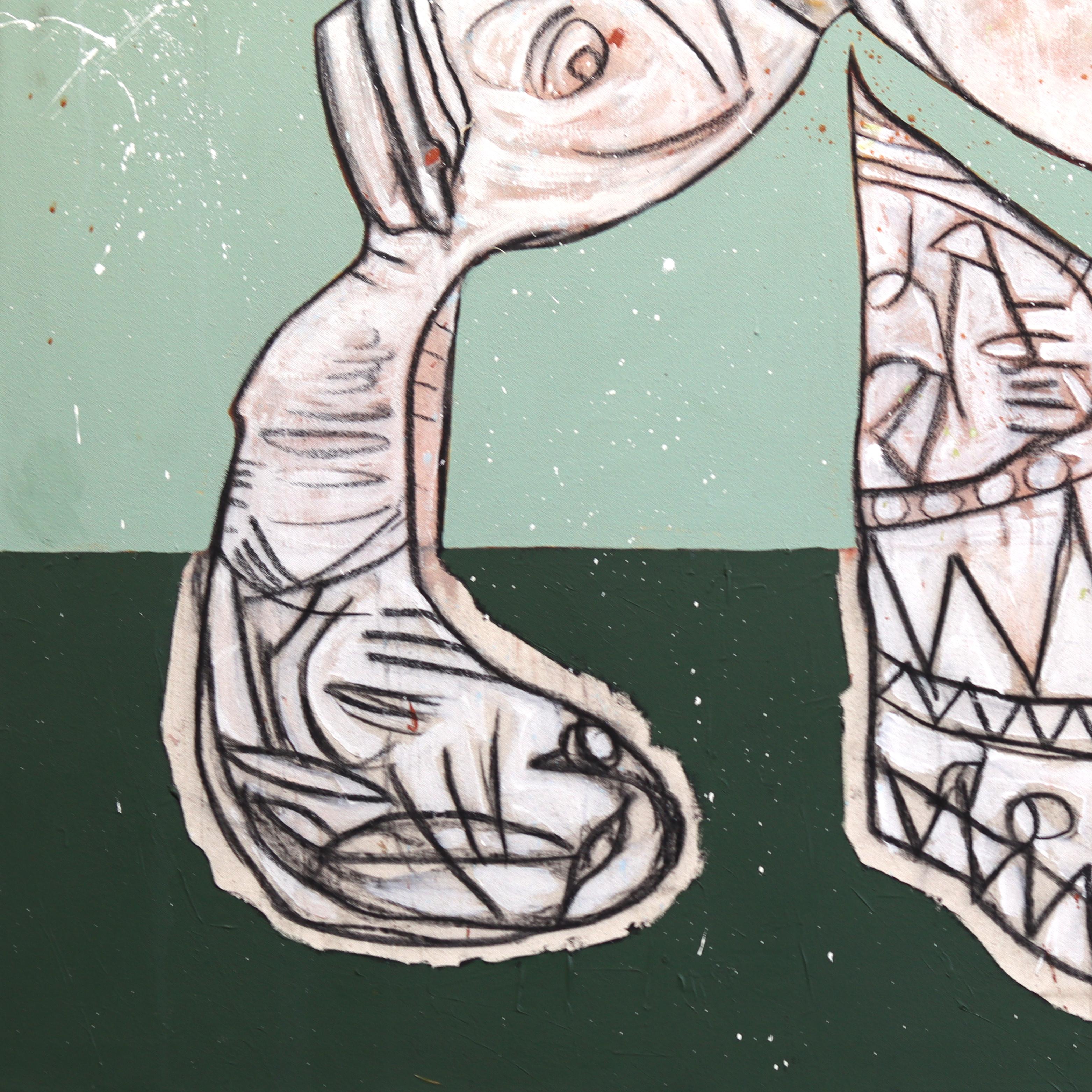 Equus Junior - Large Abstract Sage & Dark Green Organic Pastel Artwork on Canvas For Sale 5