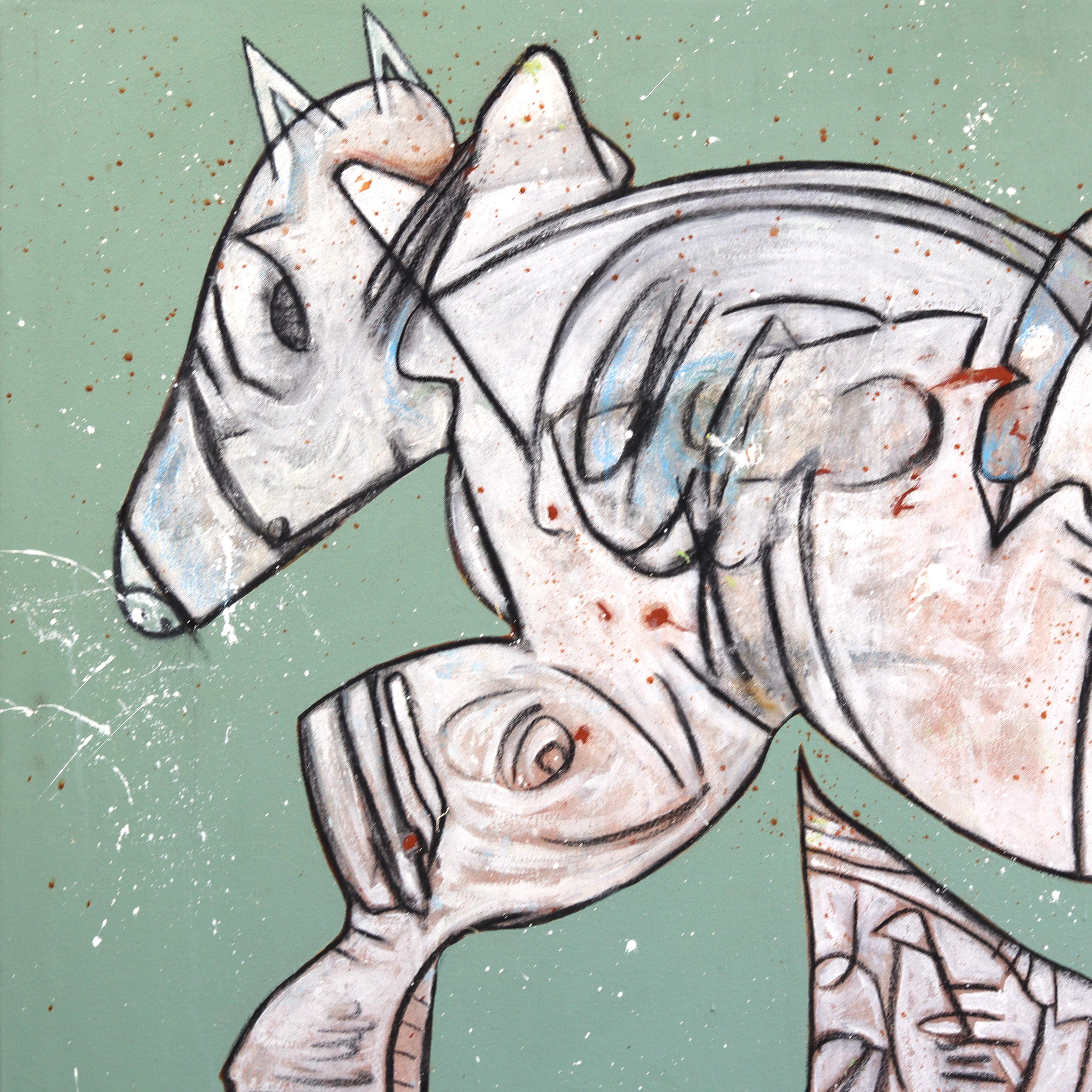 Equus Junior - Large Abstract Sage & Dark Green Organic Pastel Artwork on Canvas For Sale 6