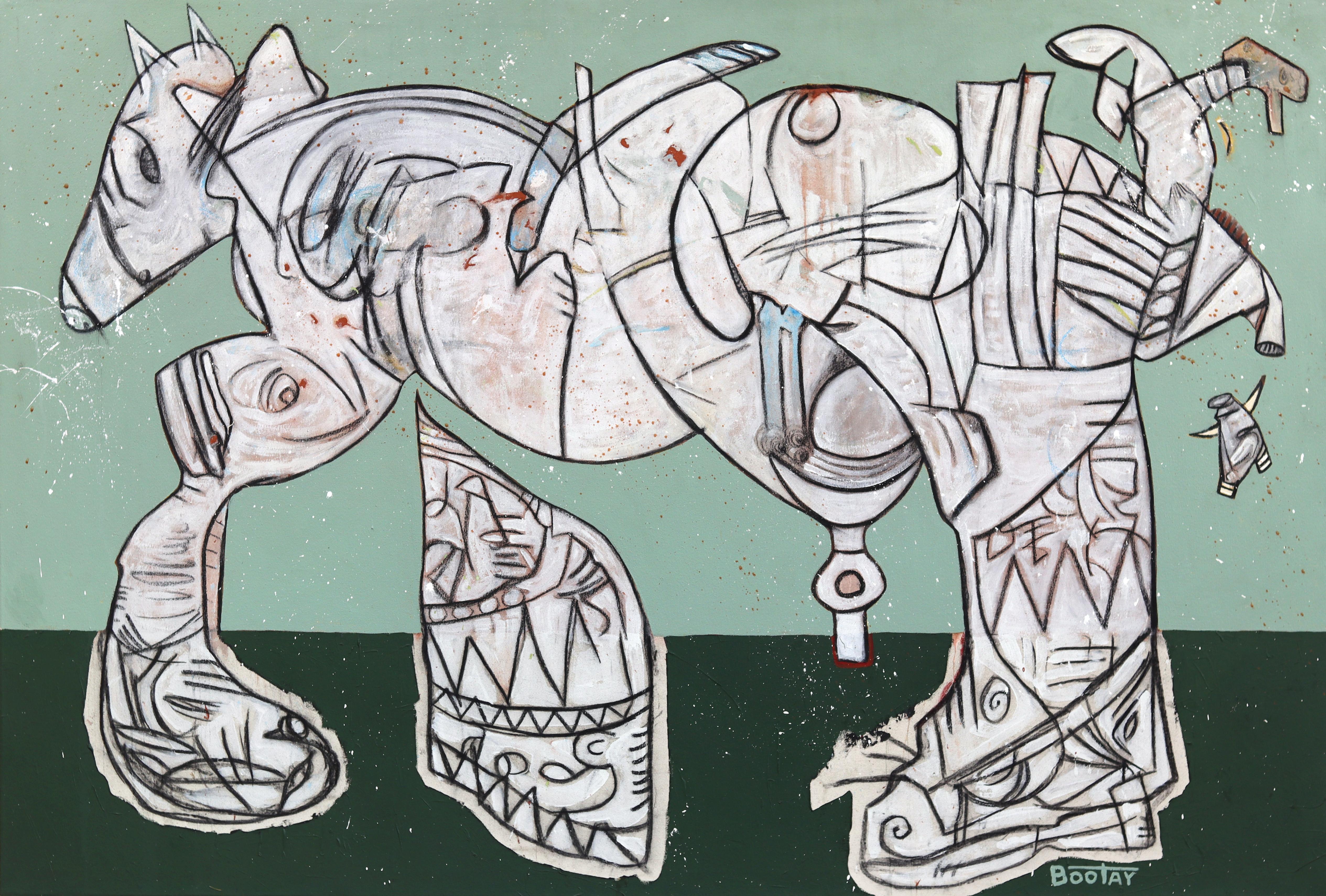 Equus Junior - Large Abstract Sage 
Dark Green Organic Pastel Artwork on Canvas - Mixed Media Art by Rue Bootay