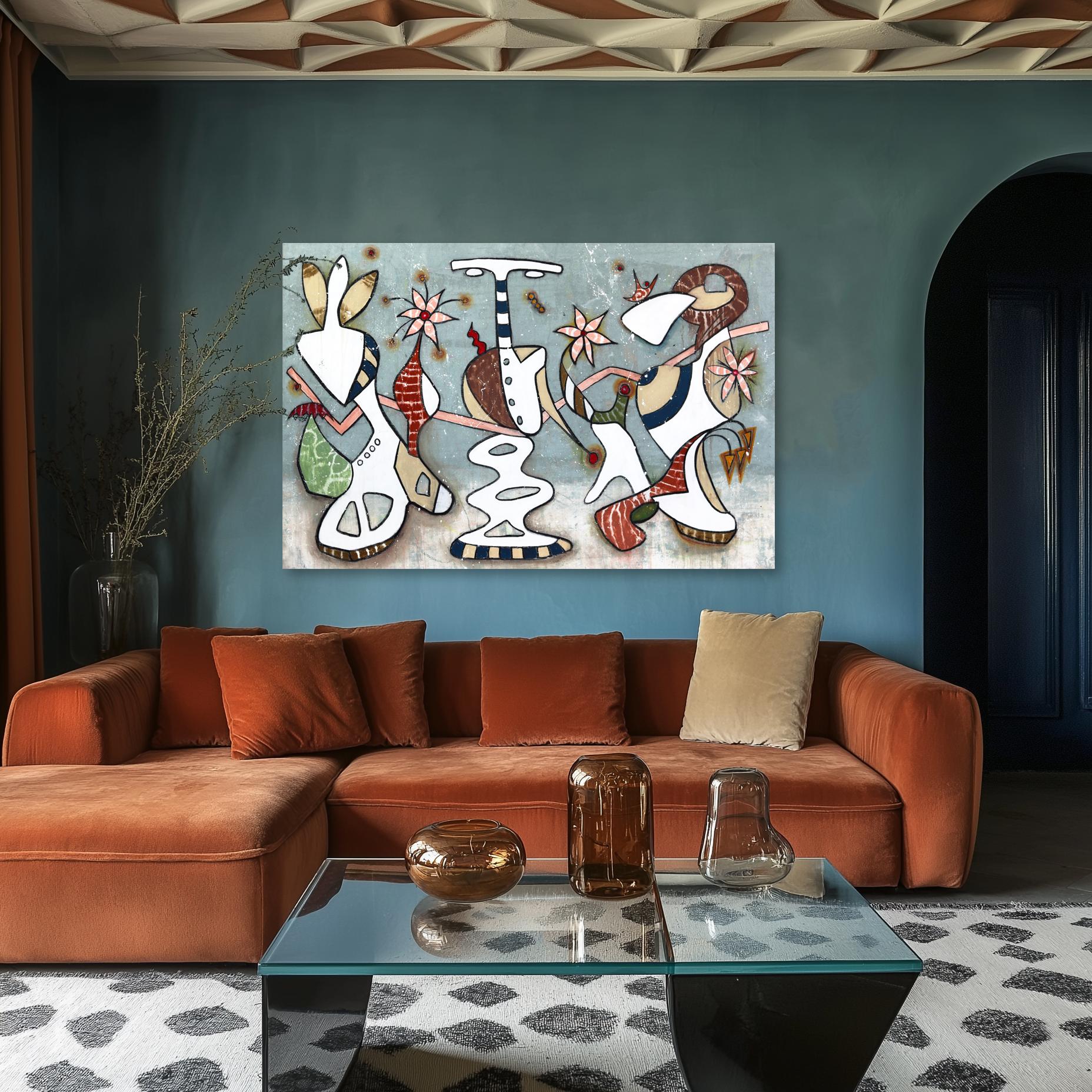 Goodbye Jit - Large Abstract Colorful Organic Pastel Original Artwork on Canvas - Painting by Rue Bootay