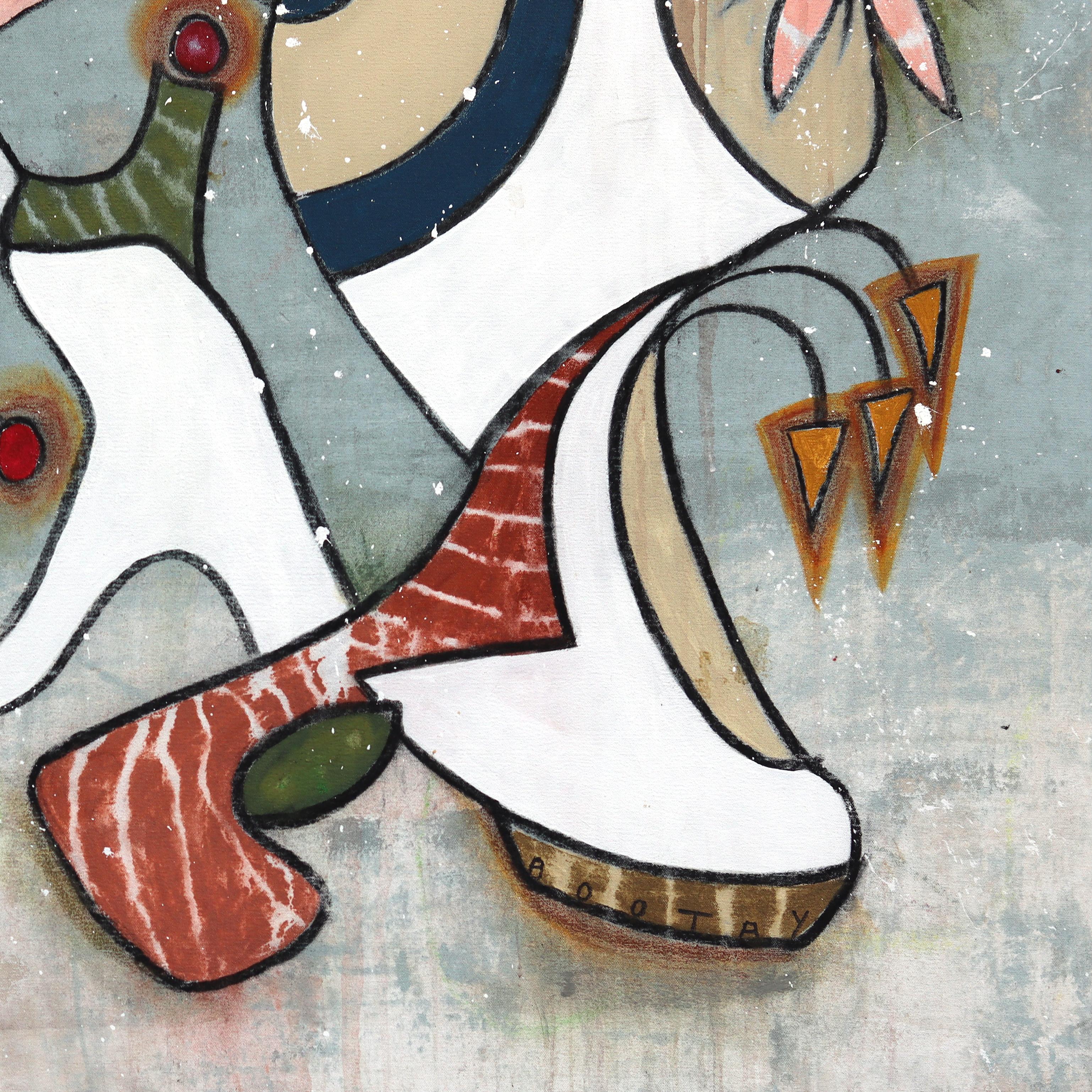 Goodbye Jit - Large Abstract Colorful Organic Pastel Original Artwork on Canvas - Gray Abstract Painting by Rue Bootay