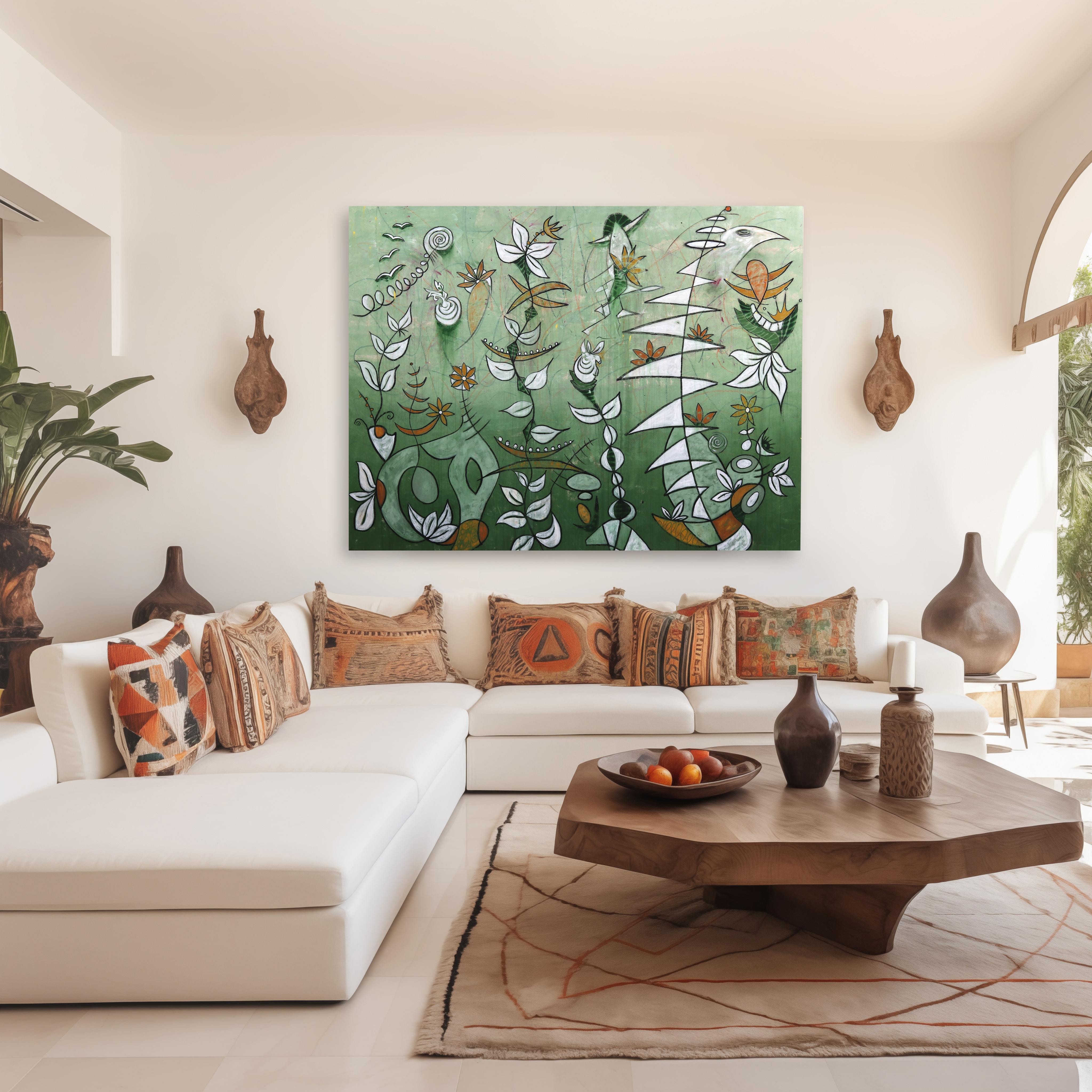 Green Garden-  Large Ready to Hang Mixed Media Original Artwork on Canvas - Abstract Mixed Media Art by Rue Bootay