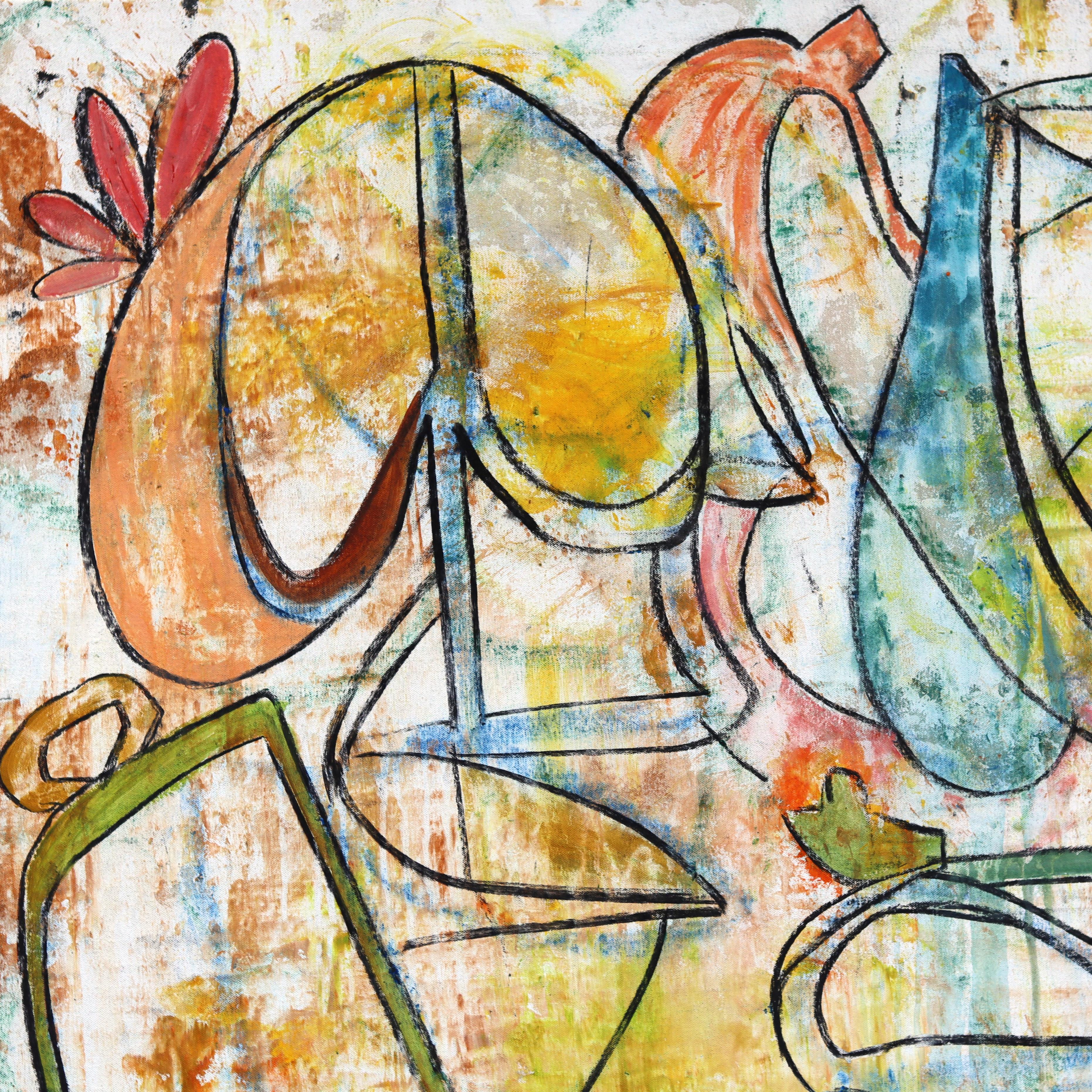 Hello Jit - Large Abstract Color Drenching Organic Mixed Media Artwork on Canvas - Beige Abstract Painting by Rue Bootay