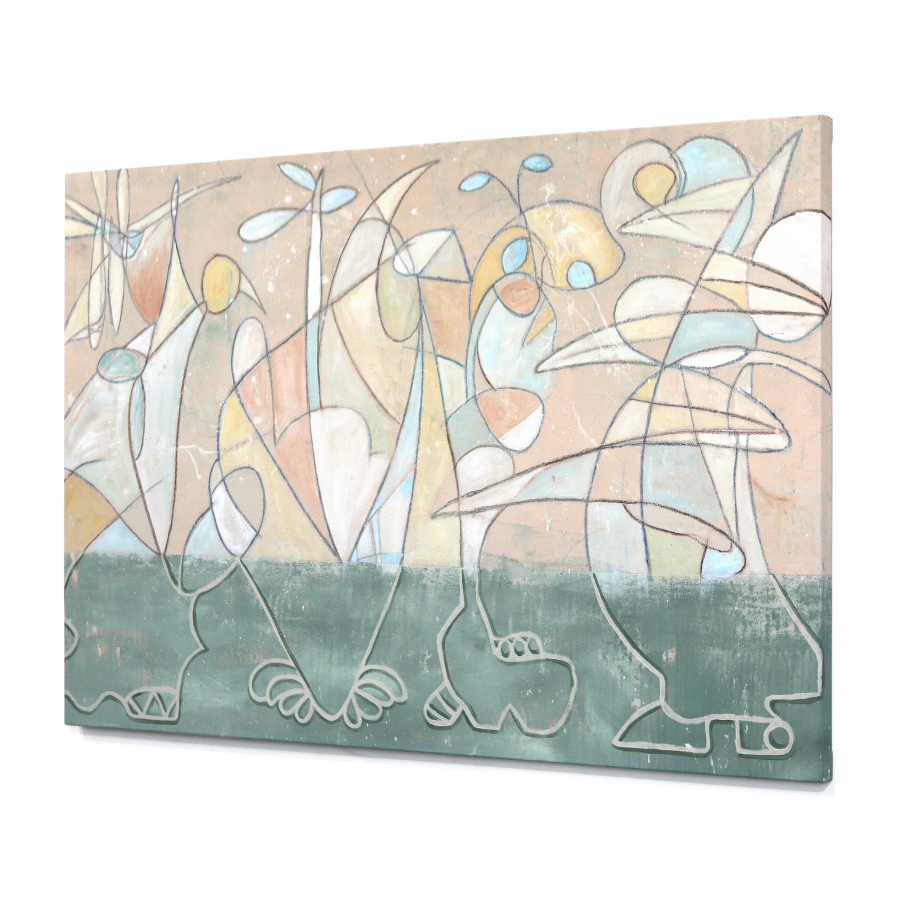 Off The Knob - Opera d'arte astratta a pastello di forma organica di grandi dimensioni su tela - Abstract Painting Beige di Rue Bootay