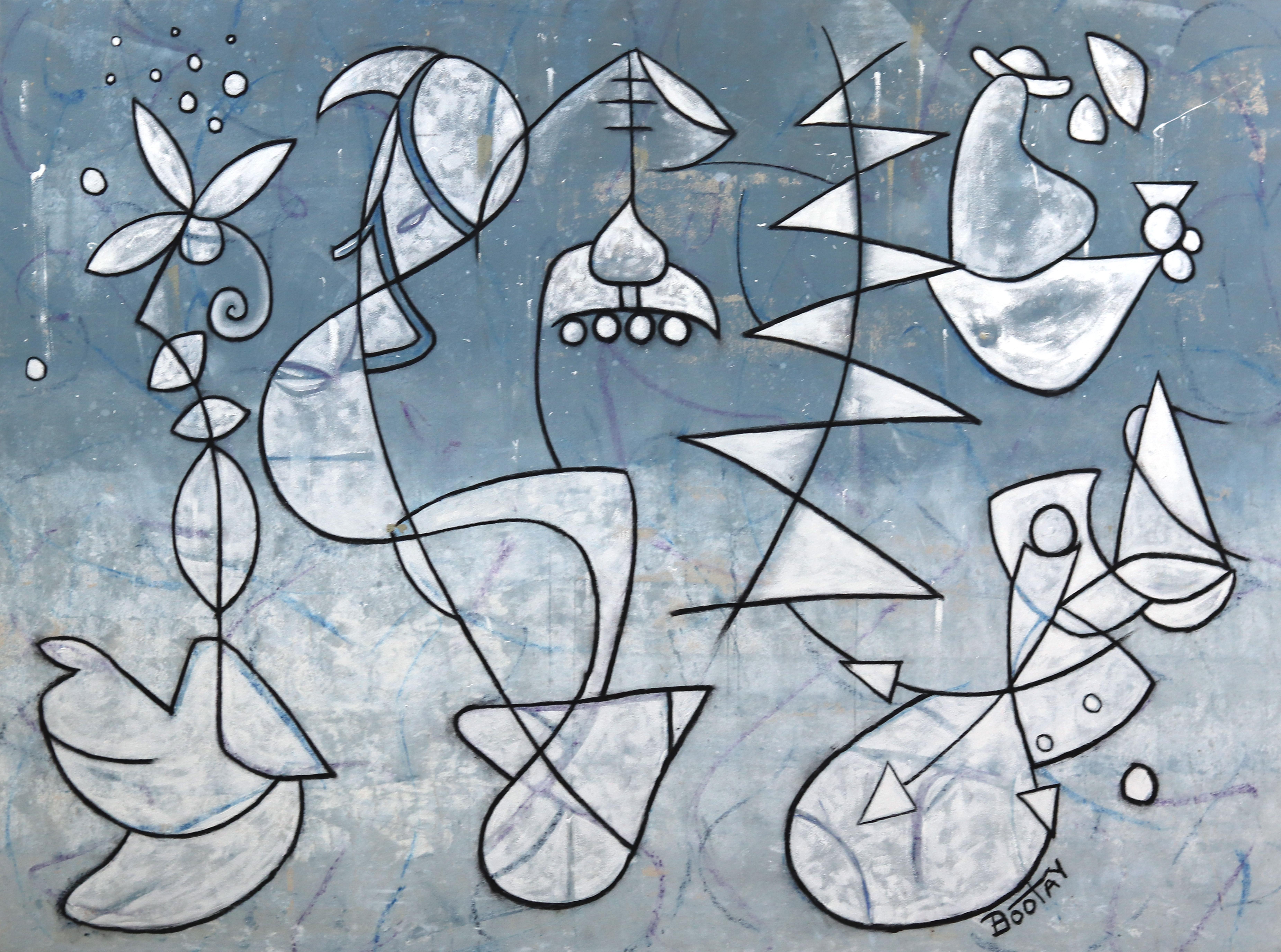 Outer Banks - Großes Original Mixed Media-Kunstwerk in Blau auf Leinwand, fertig zum Hängen