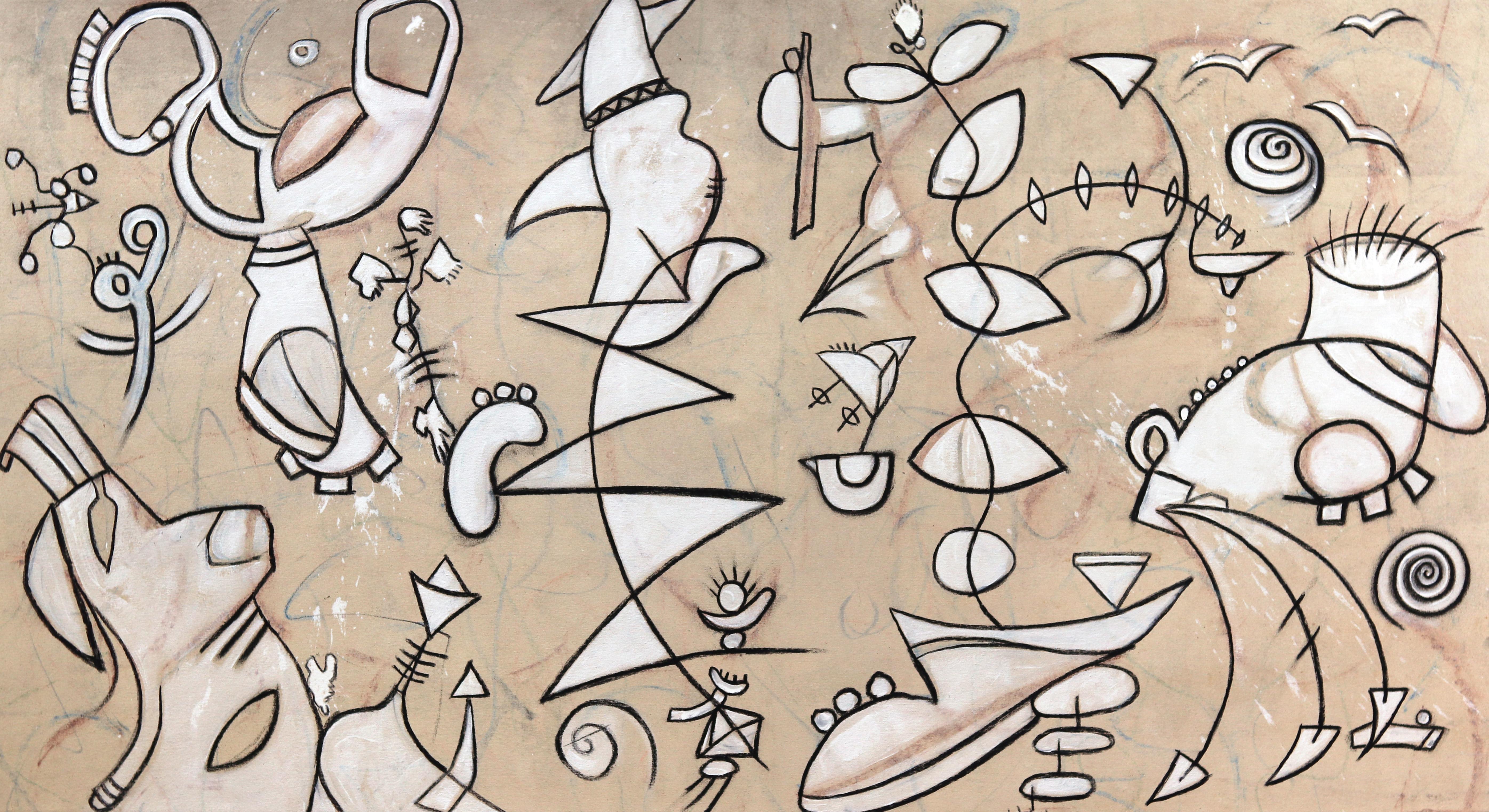 Rue Bootay Abstract Painting – Paradise Sandbar - Kubismus Großes Tan Beige Original-Kunstwerk auf Leinwand 
