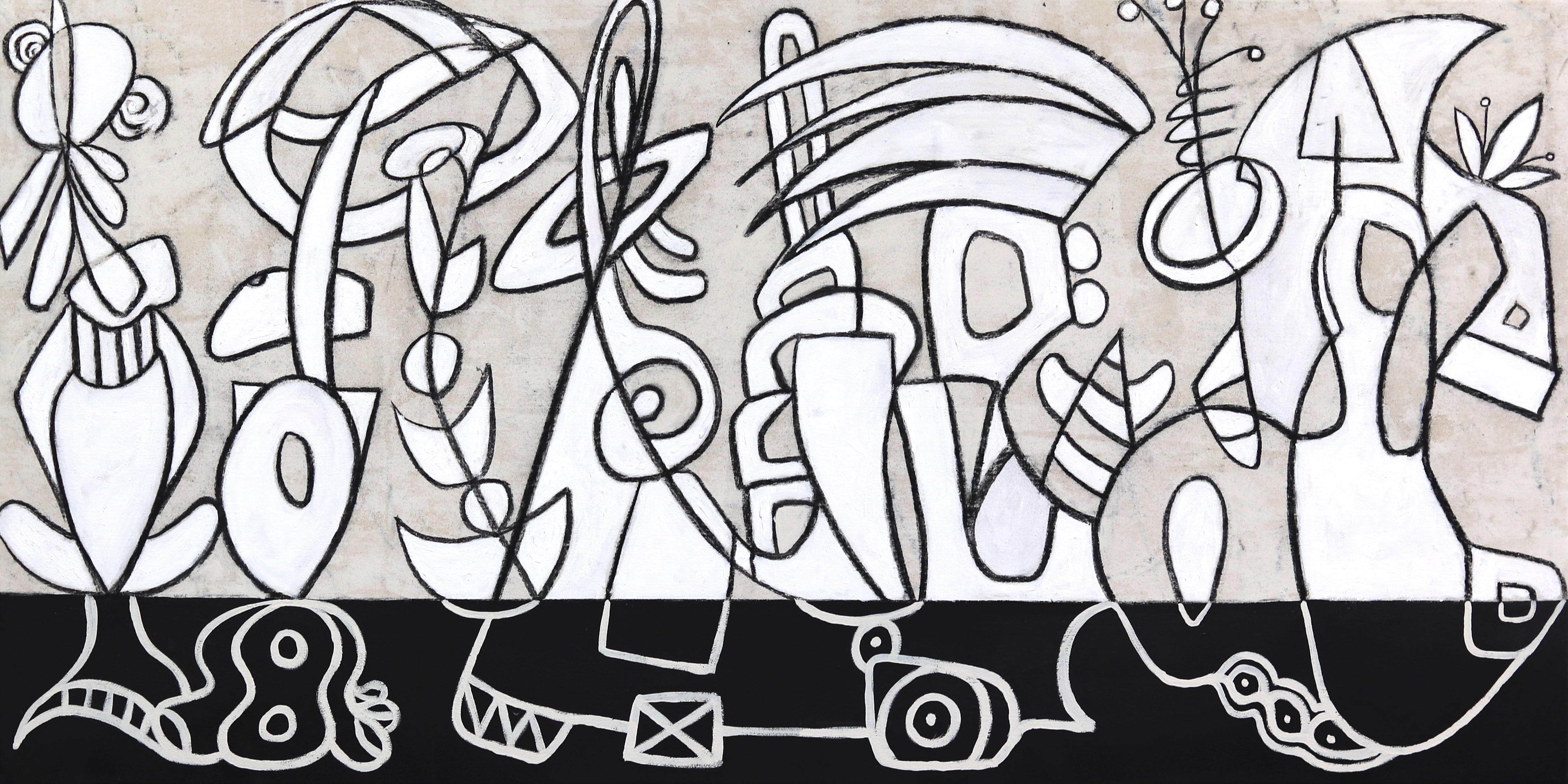 The Long Game - Opera d'arte astratta in bianco e nero di forma organica su tela - Mixed Media Art di Rue Bootay