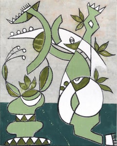 Verde Samba - Abstrait contemporain Forme organique Œuvre d'art mixte sur toile
