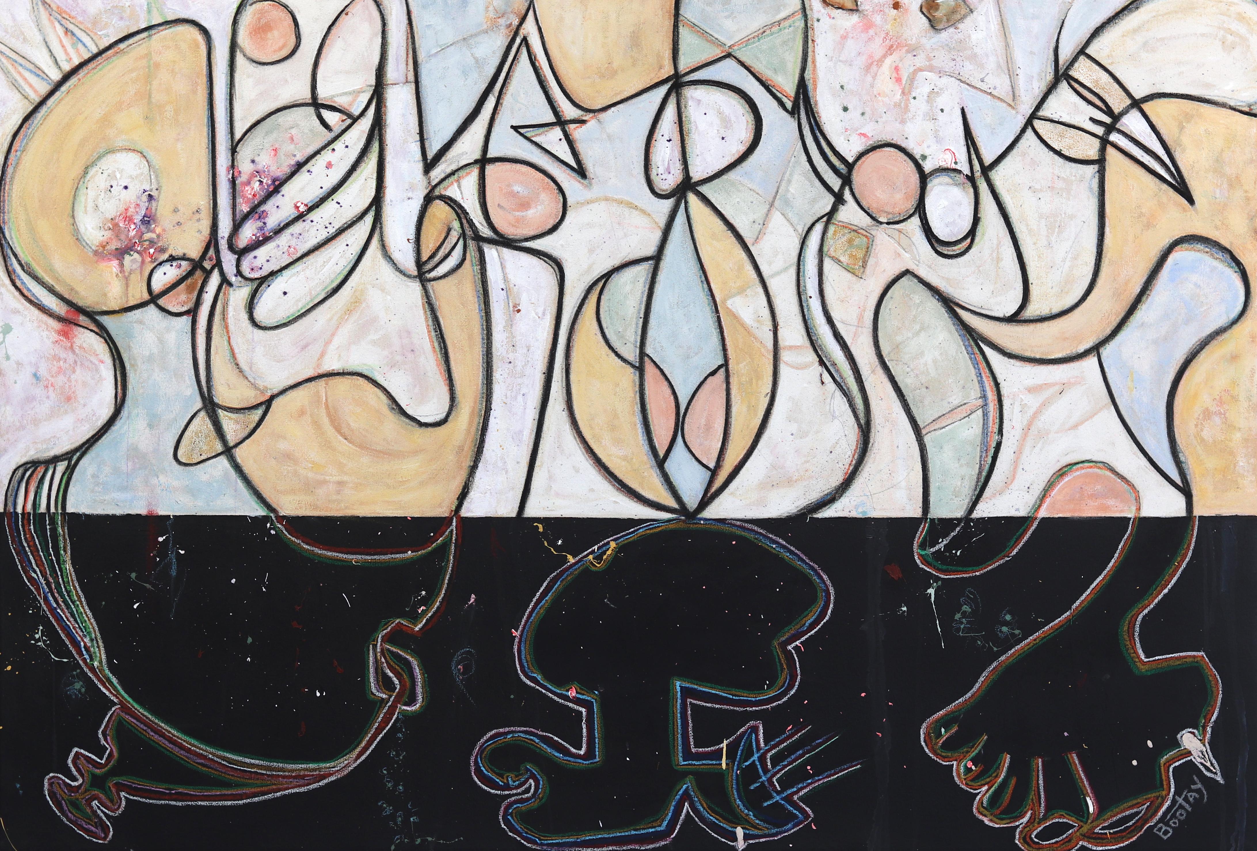 We Chat - Opera d'arte originale astratta di grandi dimensioni con forme organiche attenuate - Mixed Media Art di Rue Bootay