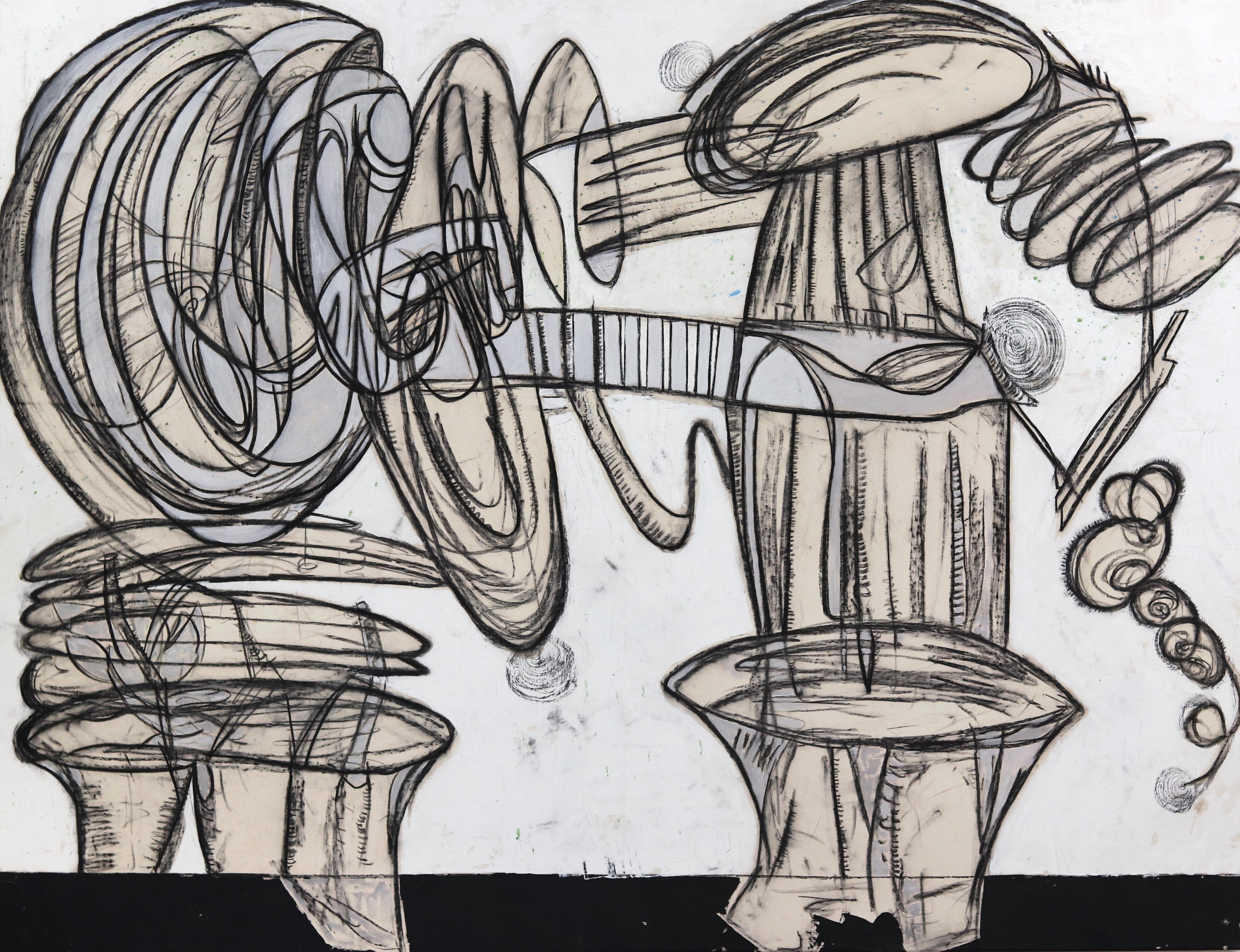 Wichita Lineman -  Abstraktes Original-Kunstwerk in Übergröße in Schwarz, Weiß, Beige – Mixed Media Art von Rue Bootay