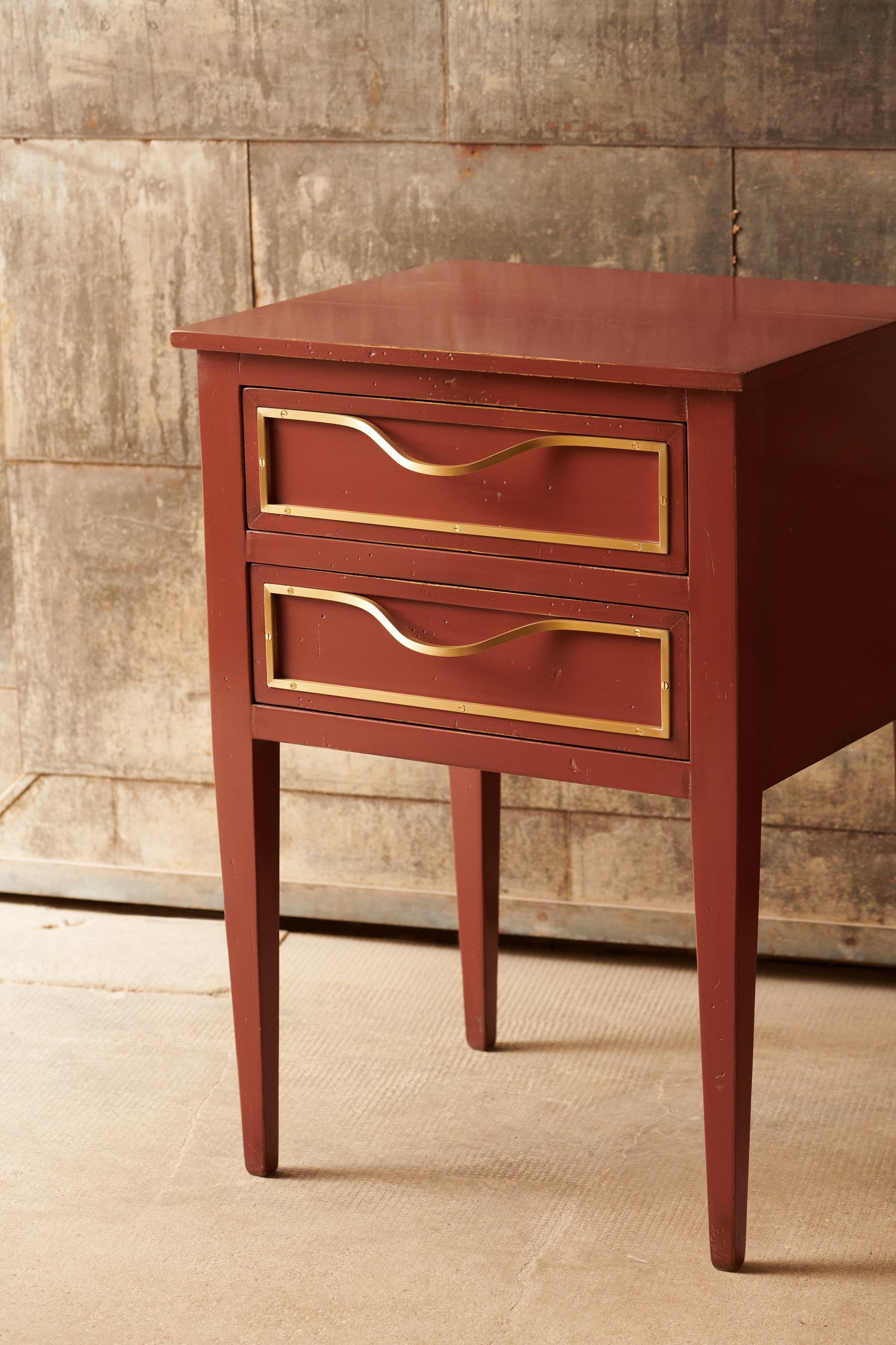 Garance lacquered beech sideboard with two drawers. Brushed brass frame handle. 
It is a piece of furniture made by hand by the craftsmen of Moissonnier, French cabinetmaker since 1885. Our craftsmen use ancestral know-how and have developed a