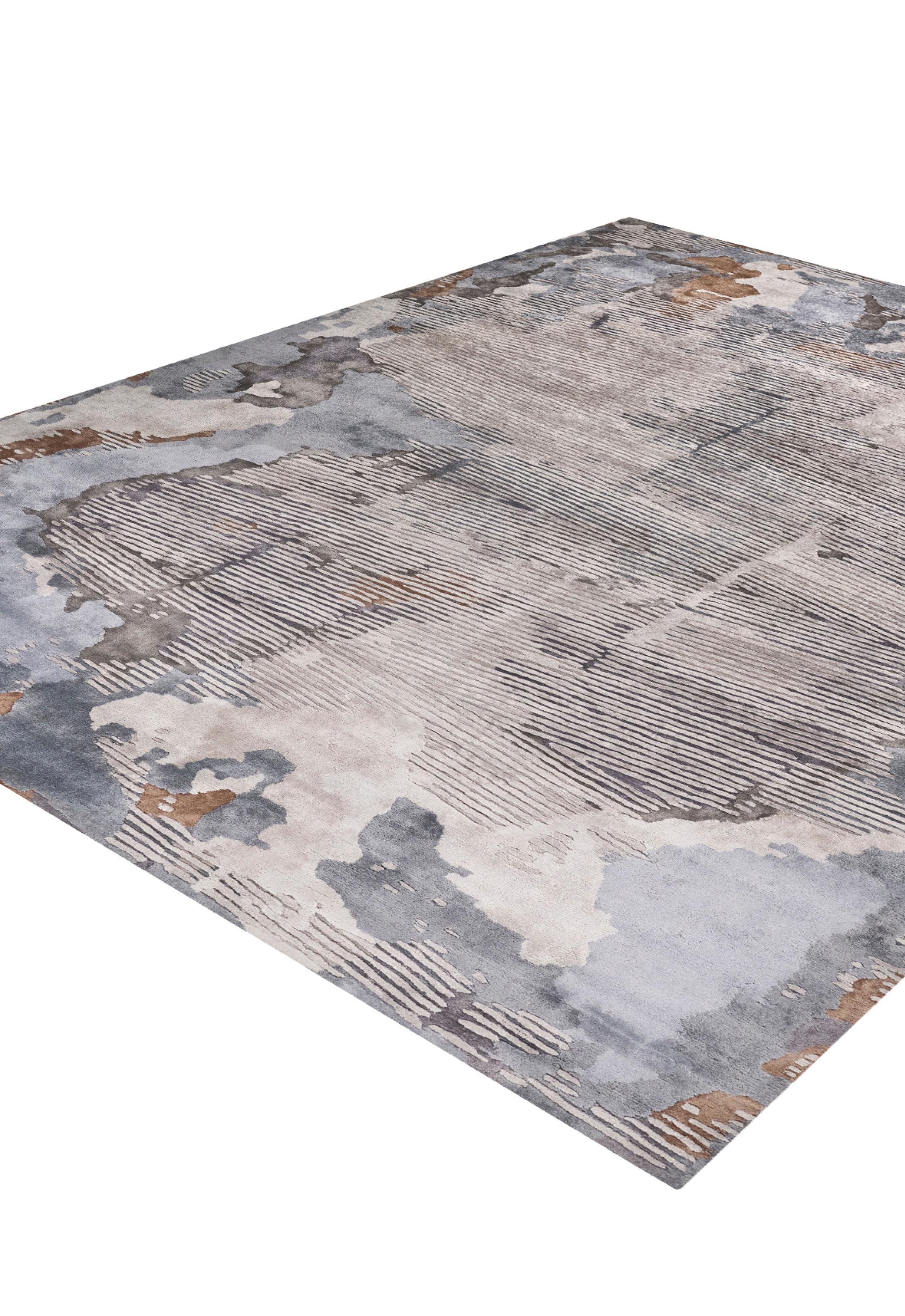 Hand-Crafted Rue Hand Tufted Modern Silk Rug in Blue Grey & Gold Grey Colours by Hands For Sale