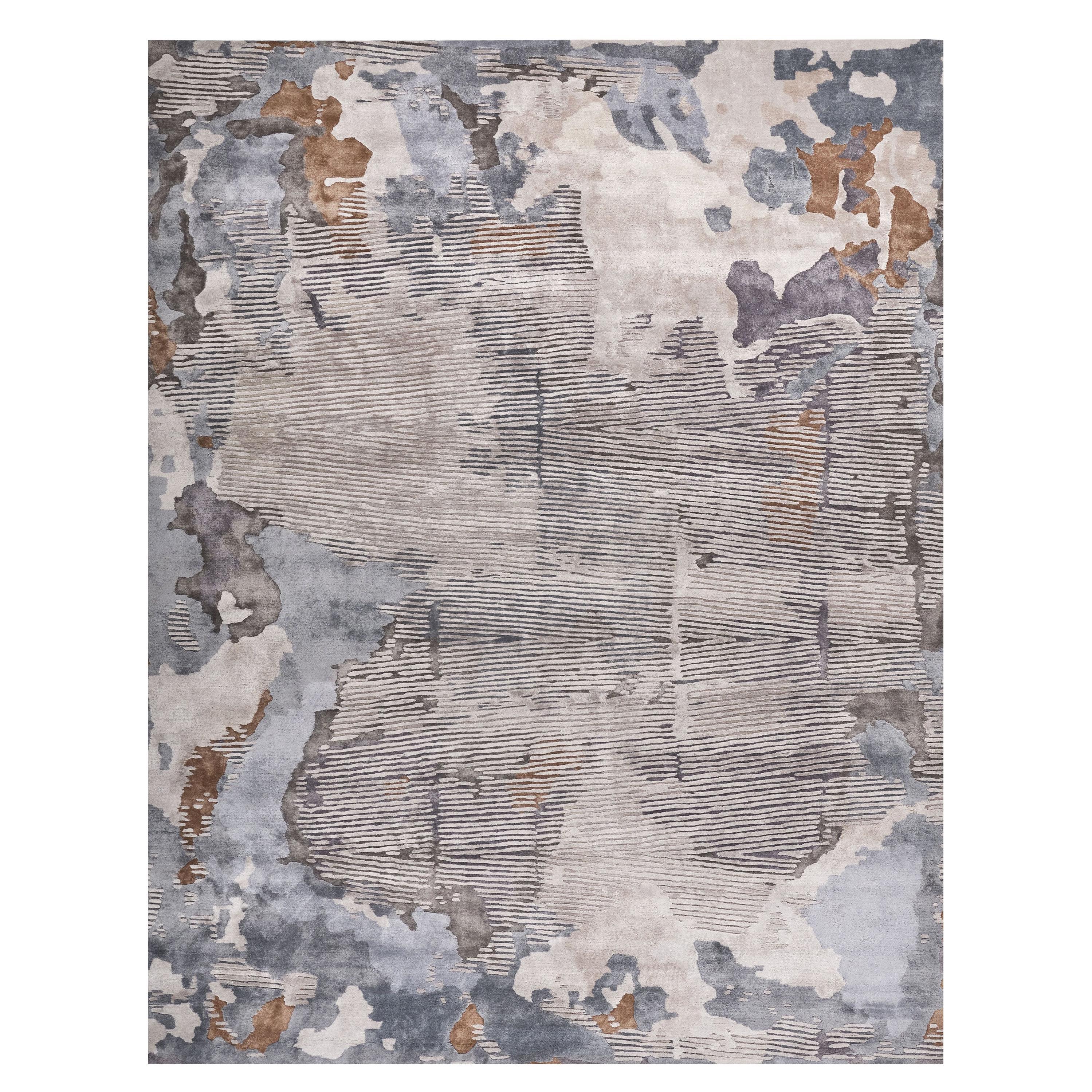Rue Hand Tufted Modern Silk Rug in Blue Grey & Gold Grey Colours by Hands For Sale