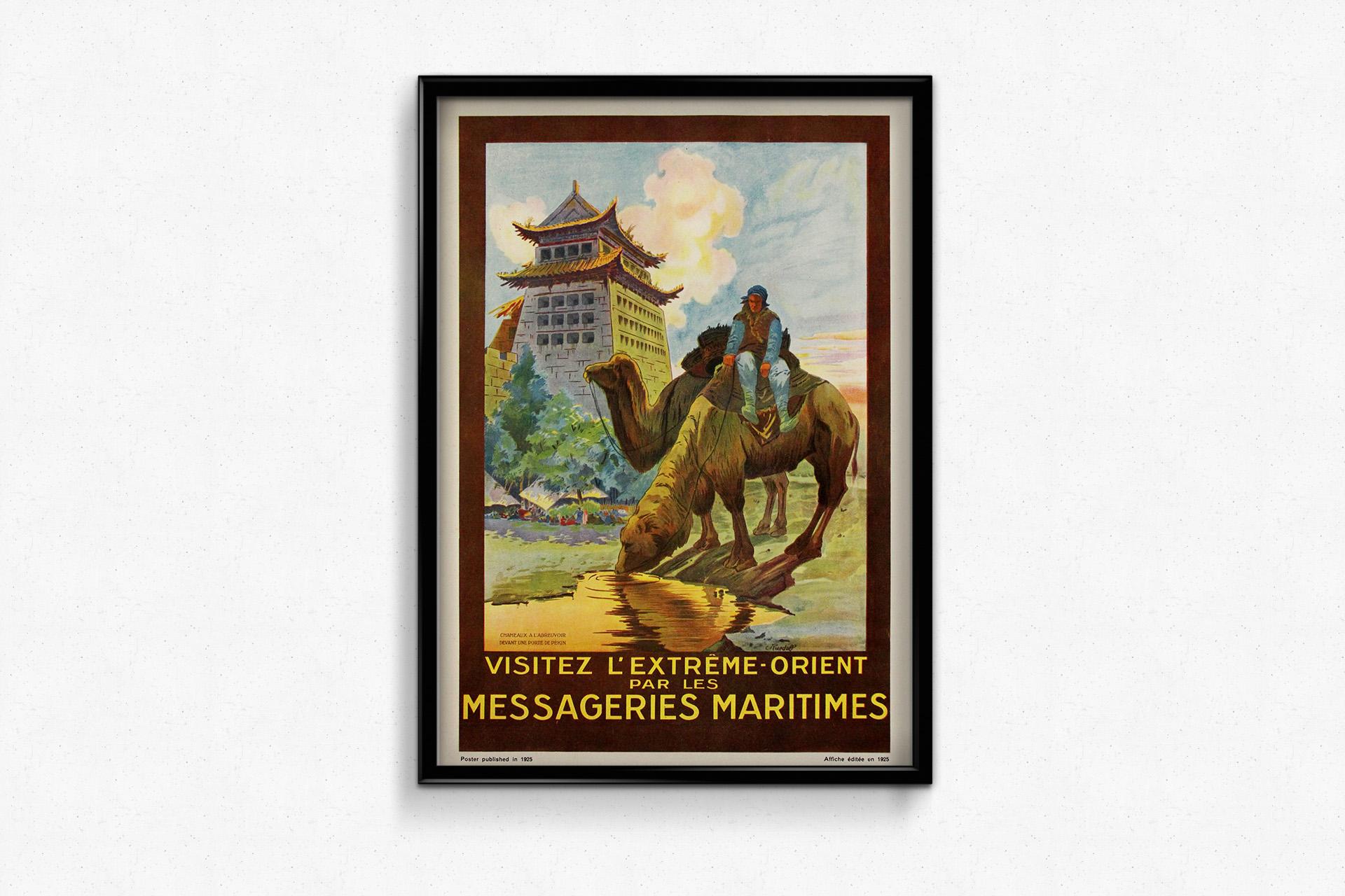 Circa 1930 Affiche de voyage de Ruedolf pour les Messageries Maritimes vers l'Extrême-Orient en vente 2