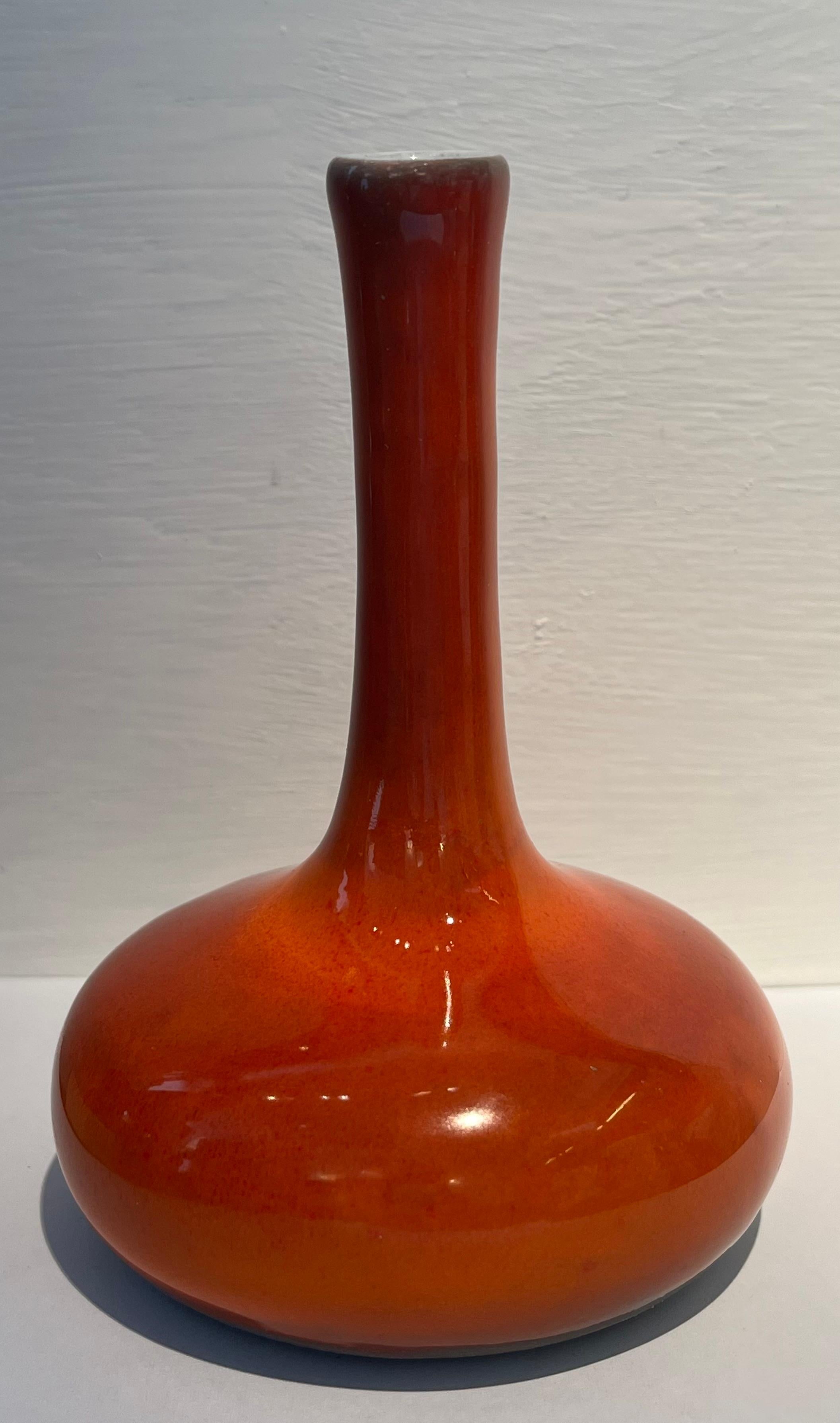French Ruelland: Signed coral orange-red glazed ceramic soliflore vase - Circa 1960 For Sale