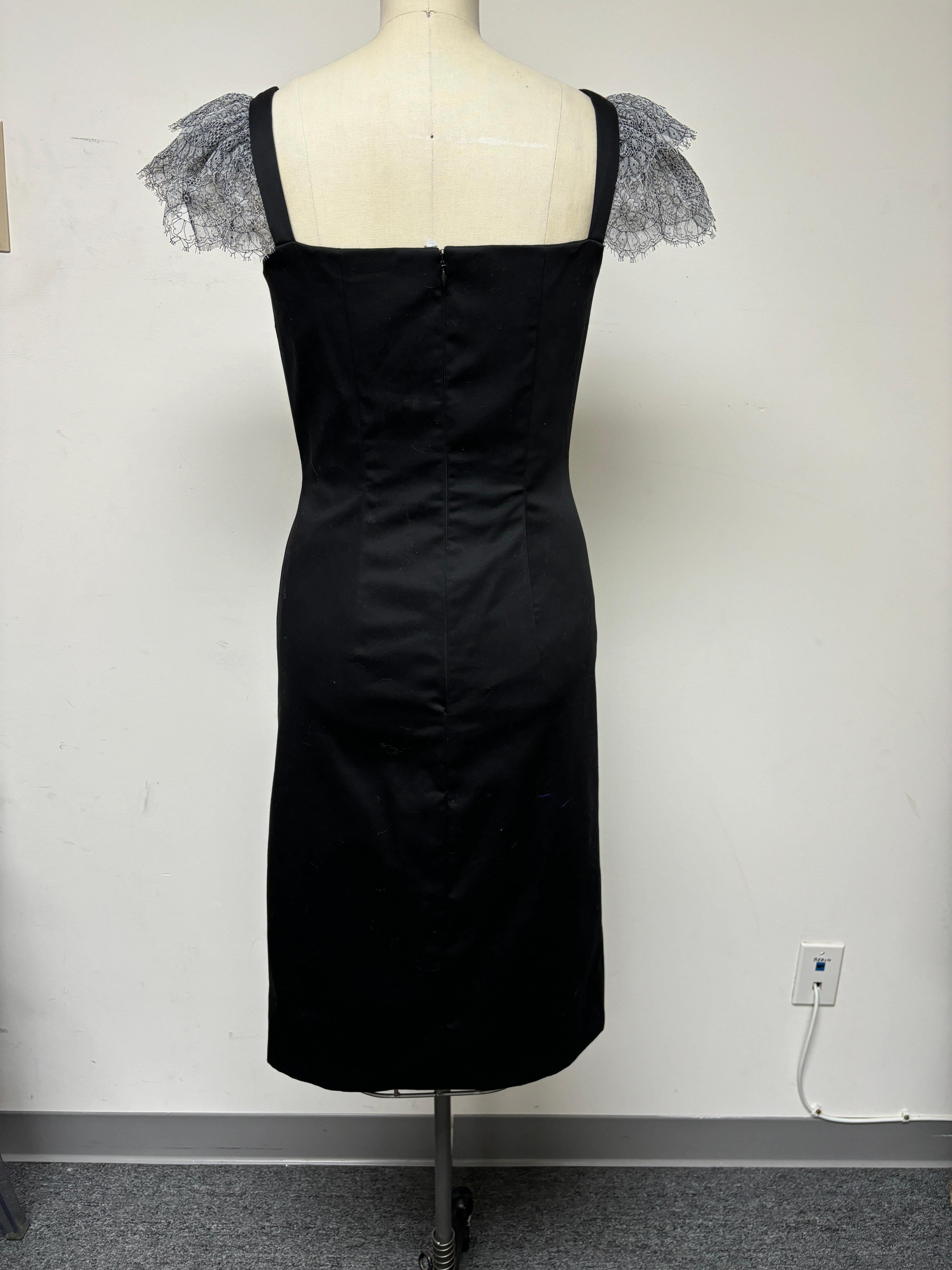 Women's French Lace Ruffle Sleeve Slim Black Cotton Dress For Sale