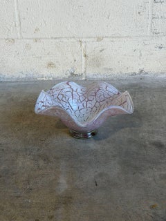 Ruffled Art Glass Centerpiece Bowl Pink and White Mottled Murano Style 1970s