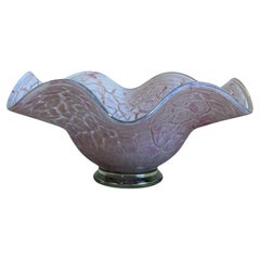 Ruffled Art Glass Centerpiece Bowl Pink and White Mottled Murano Style 1970s