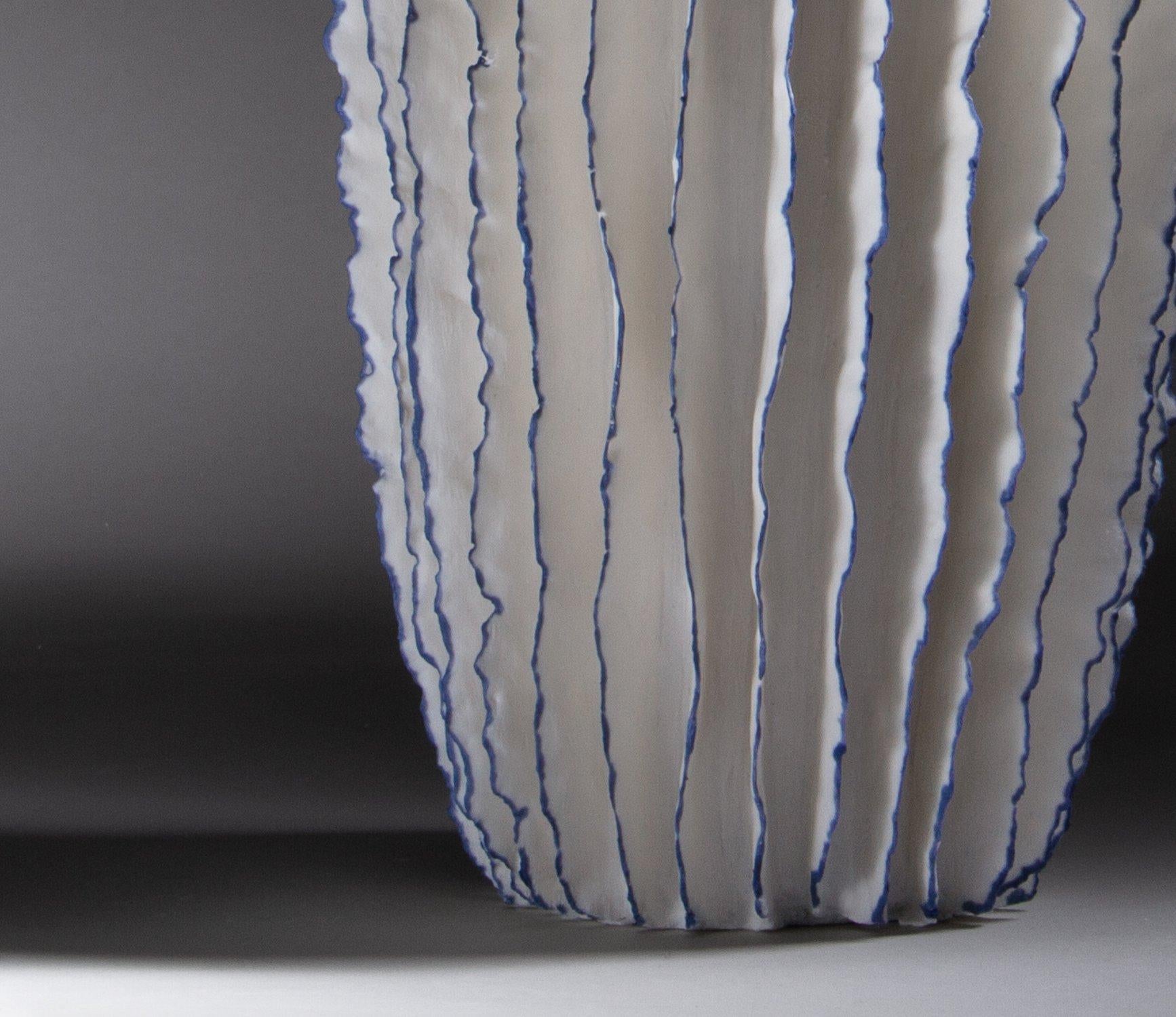 Contemporary Ruffled Blue and White Cactus-like Ceramic Sculpture, Sandra Davolio For Sale