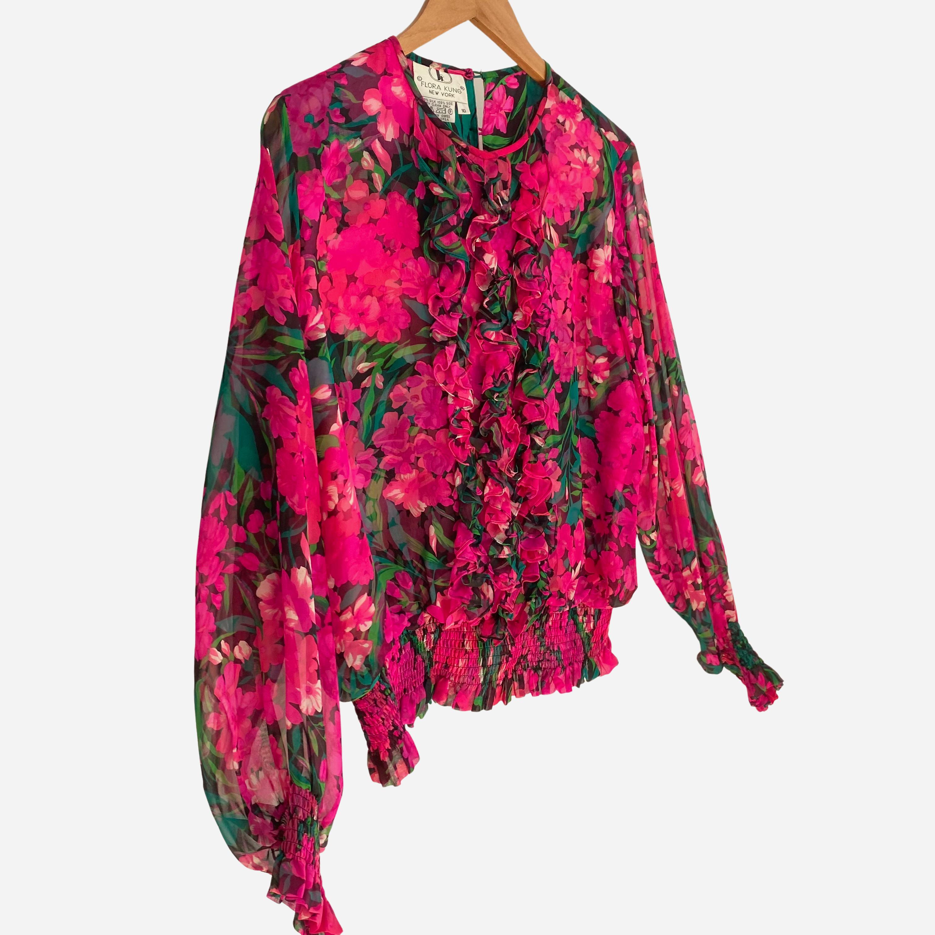 Ruffled Flowy Seide-on-Silk bedruckte Boho-Bluse Top METTE aus Seide  - mit Seide gefüttert (Rot) im Angebot