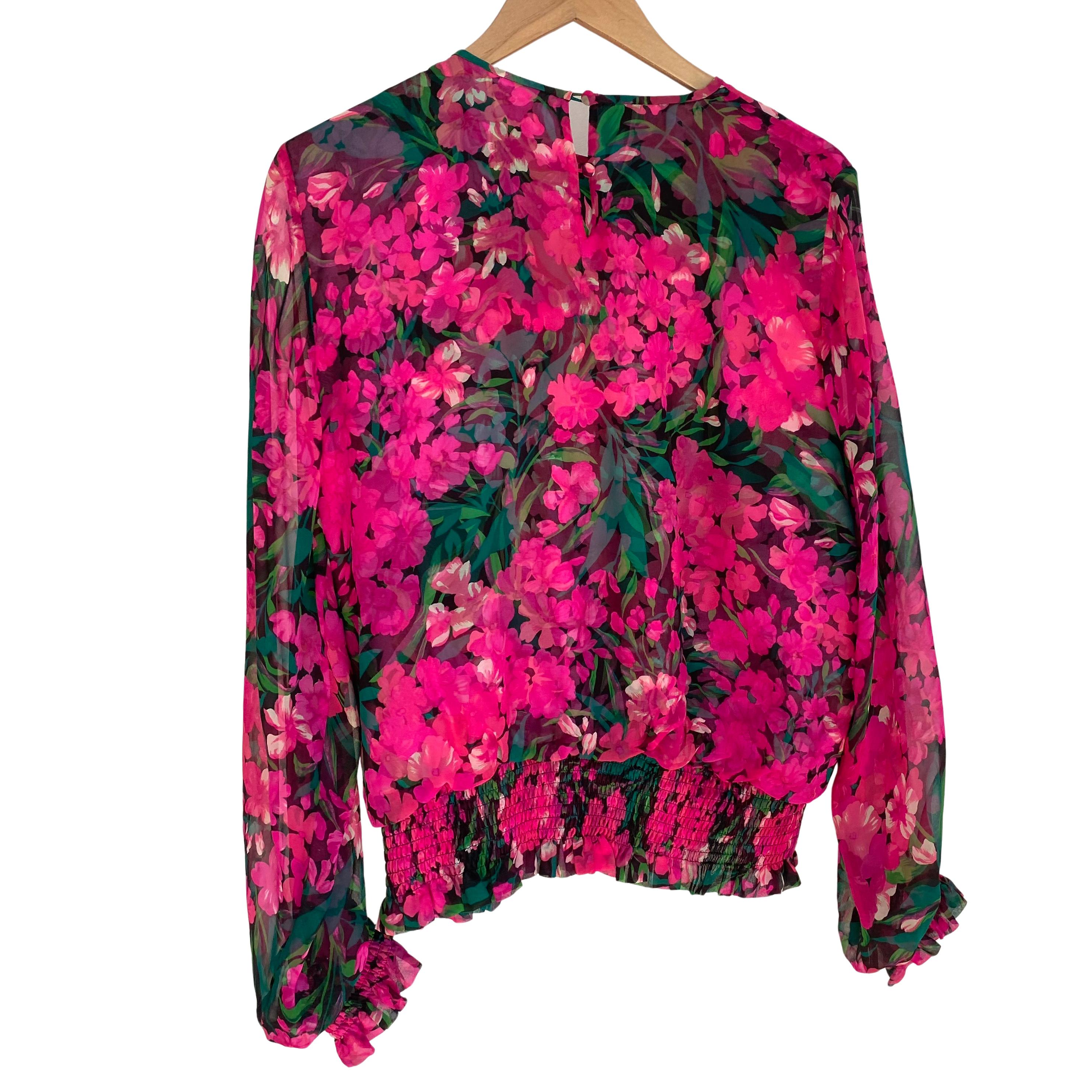 Red Ruffled Flowy Silk-on-Silk printed Boho Blouse Top METTE  - lined in silk For Sale