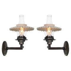 Antique Ruffled Gas Milk Glass Wall Lamps, Pair