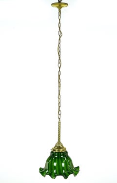 Ruffled Green Glass Shade Brass Chain Pendant Light