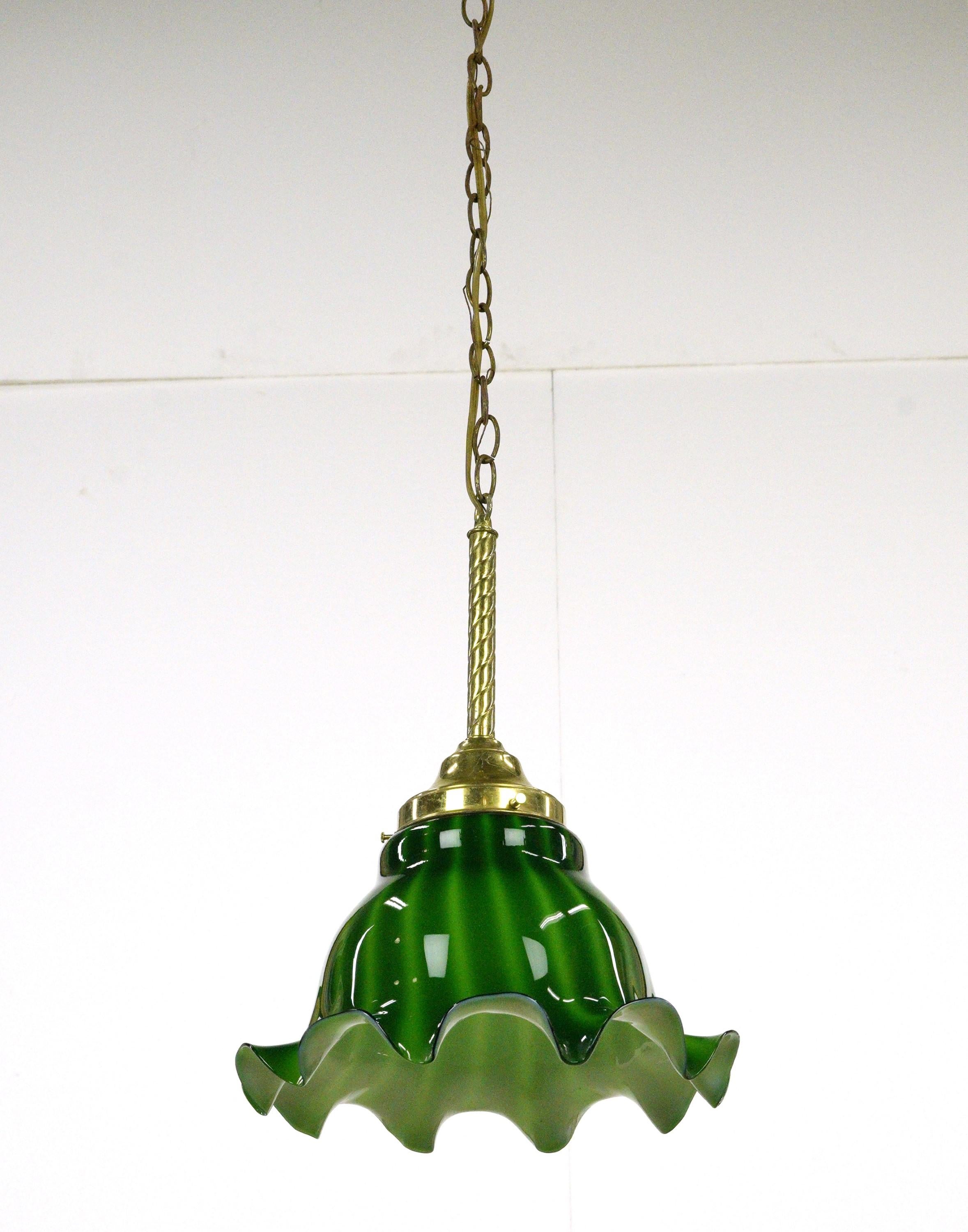 American Ruffled Green Glass Shade Brass Chain Pendant Light For Sale