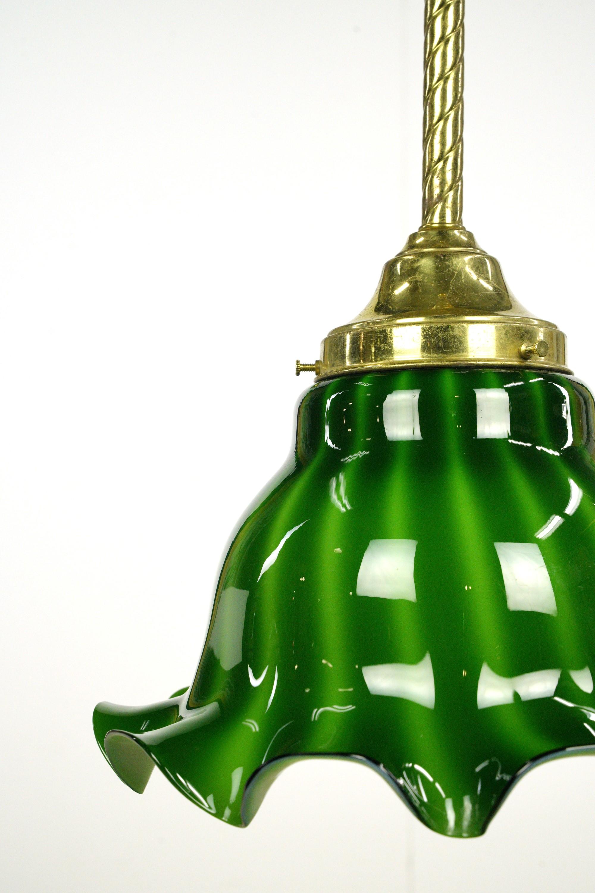 20th Century Ruffled Green Glass Shade Brass Chain Pendant Light For Sale
