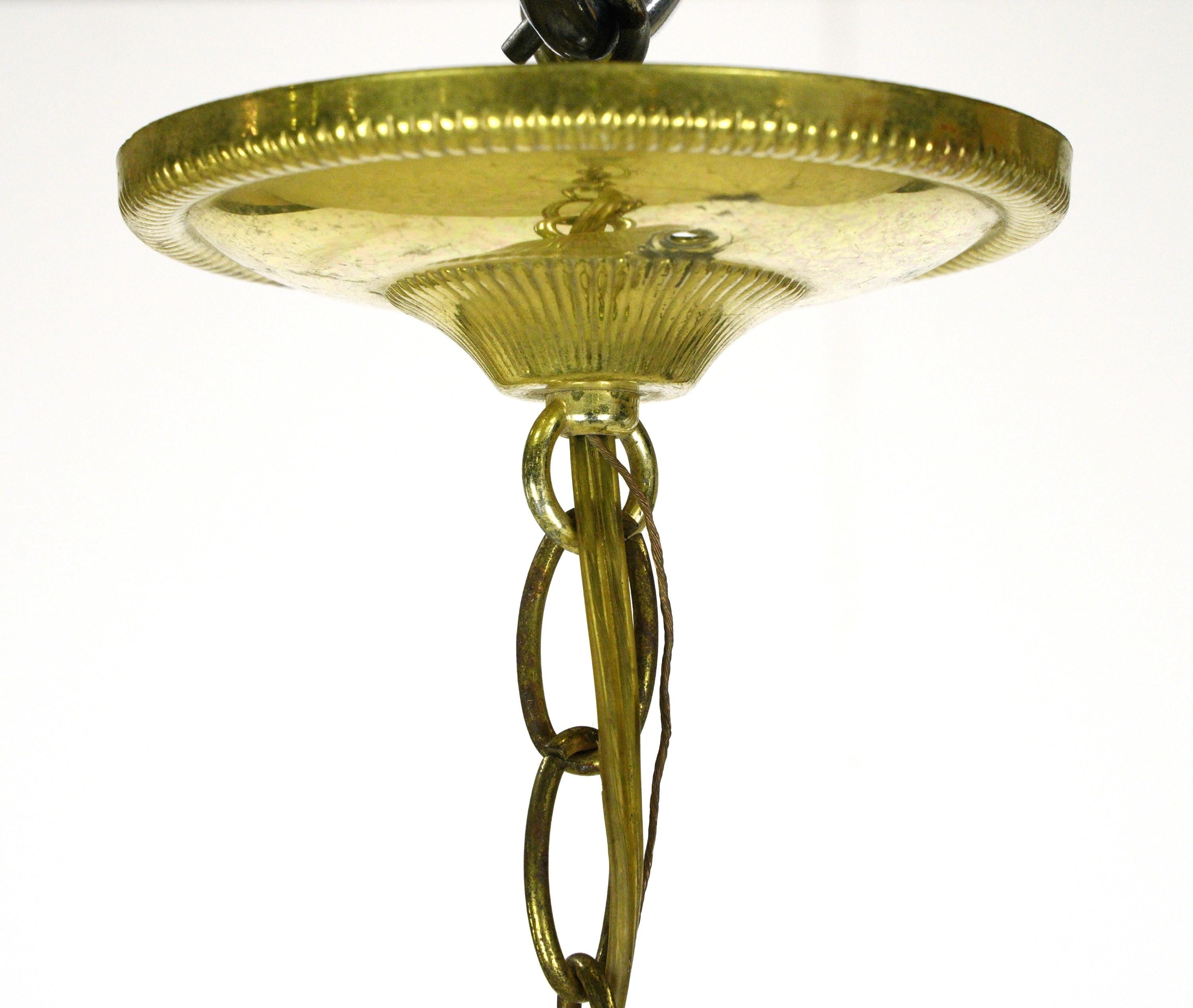 Ruffled Green Glass Shade Brass Chain Pendant Light For Sale 3