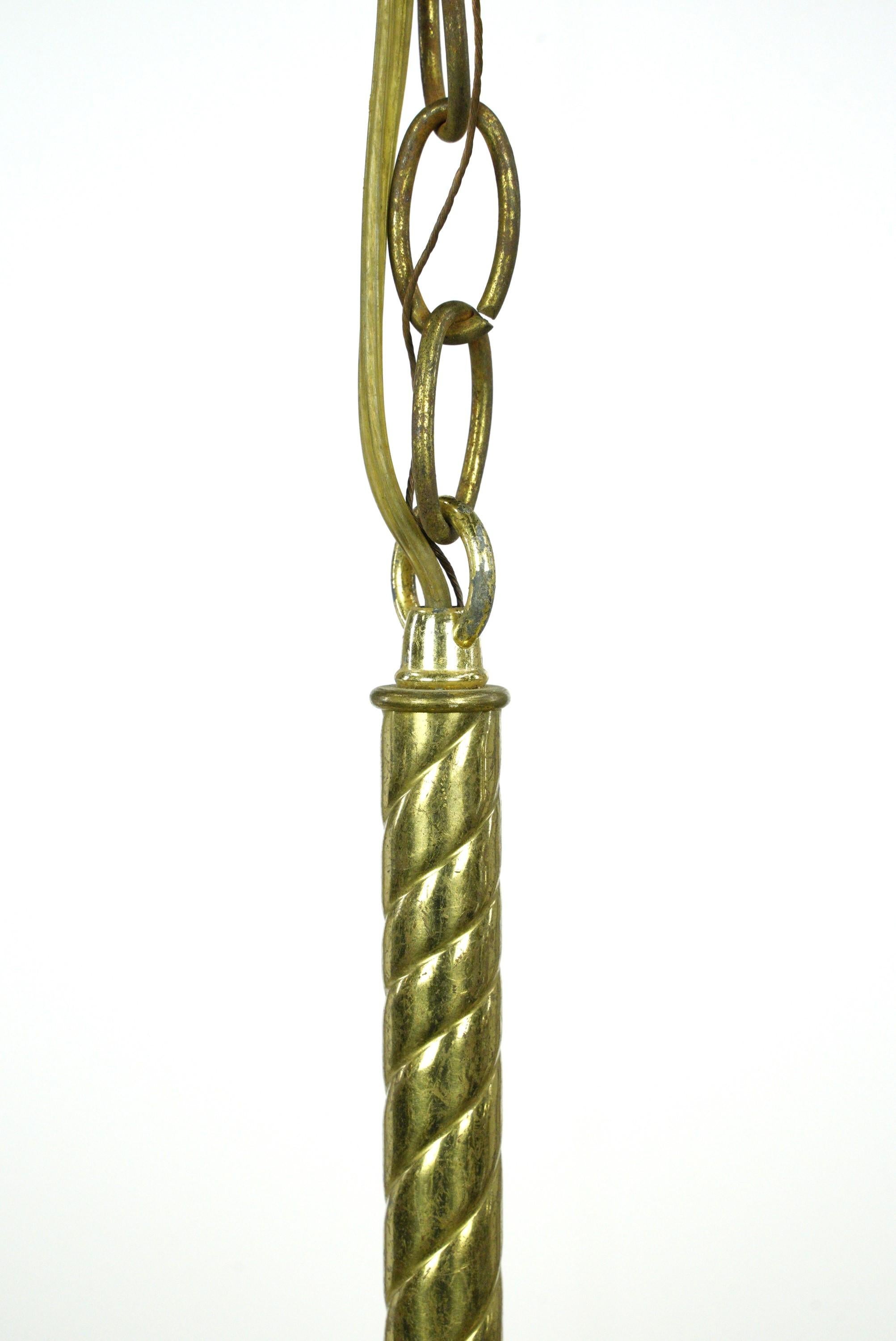 Ruffled Green Glass Shade Brass Chain Pendant Light For Sale 4