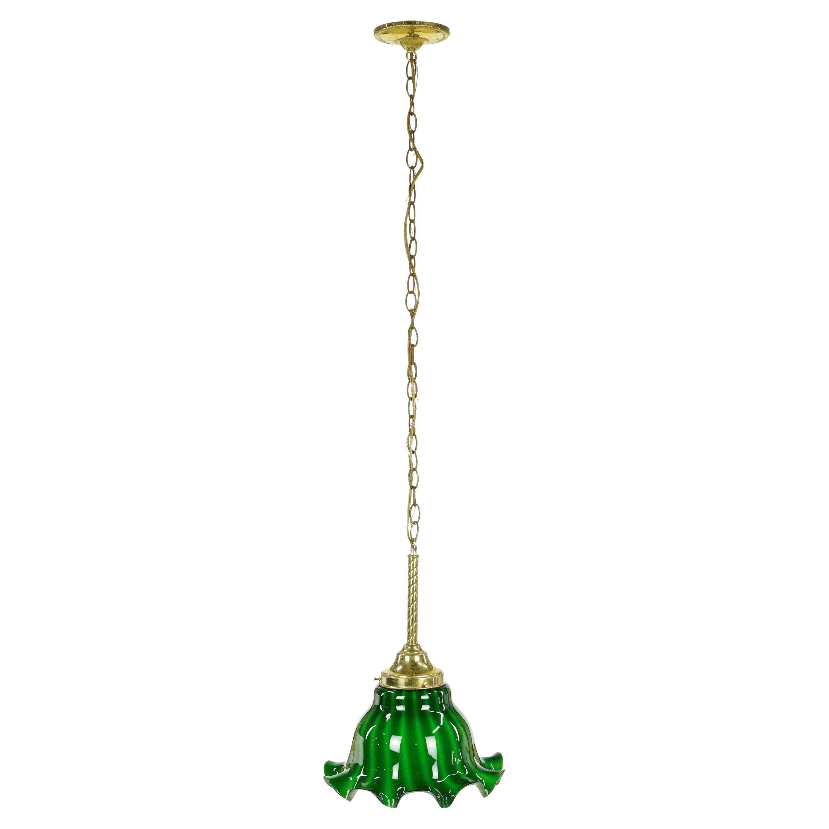 Ruffled Green Glass Shade Brass Chain Pendant Light For Sale