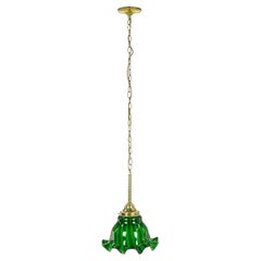 Ruffled Green Glass Shade Brass Chain Pendant Light
