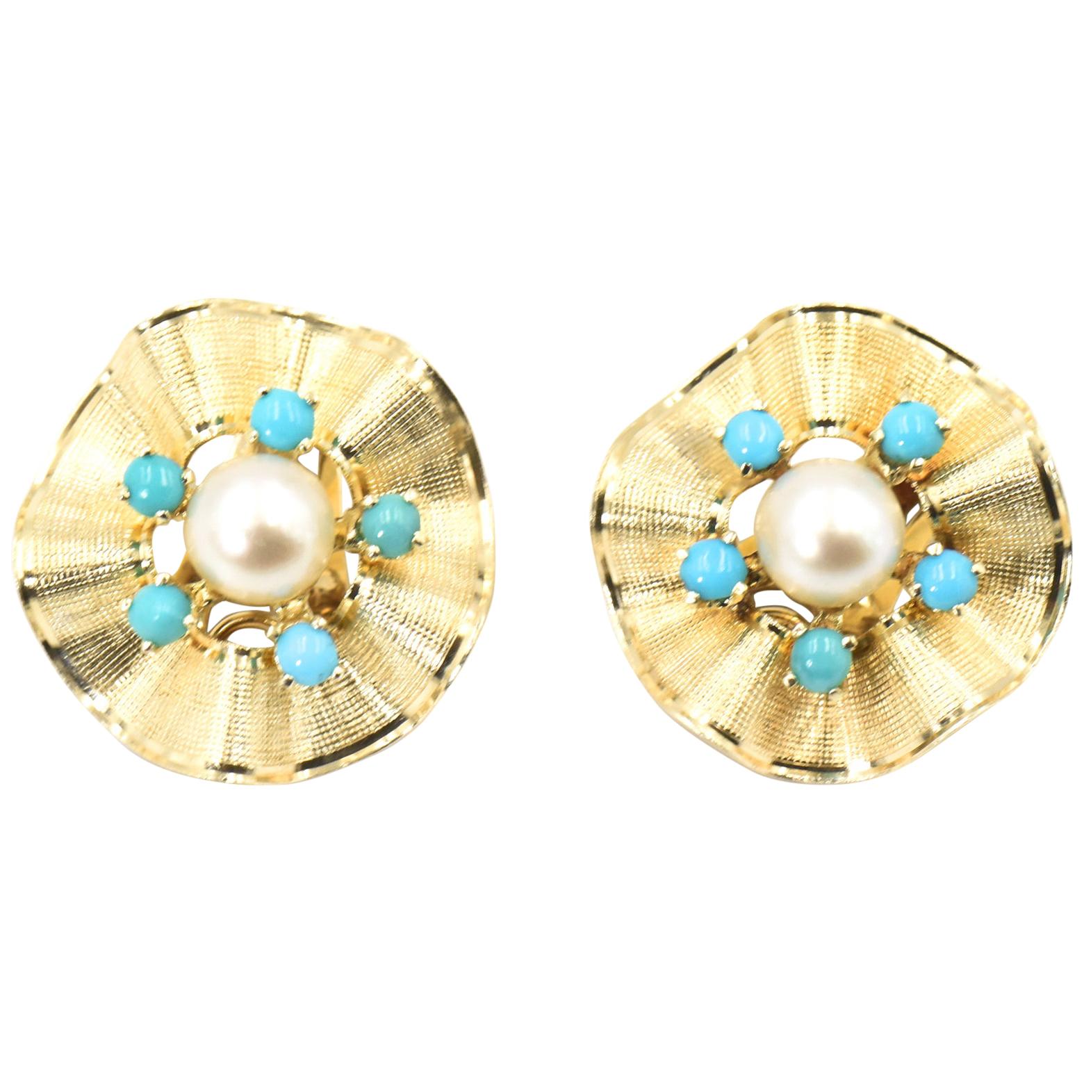 Ruffled Turquoise and Pearl Flower Gold Clip-On Earrings