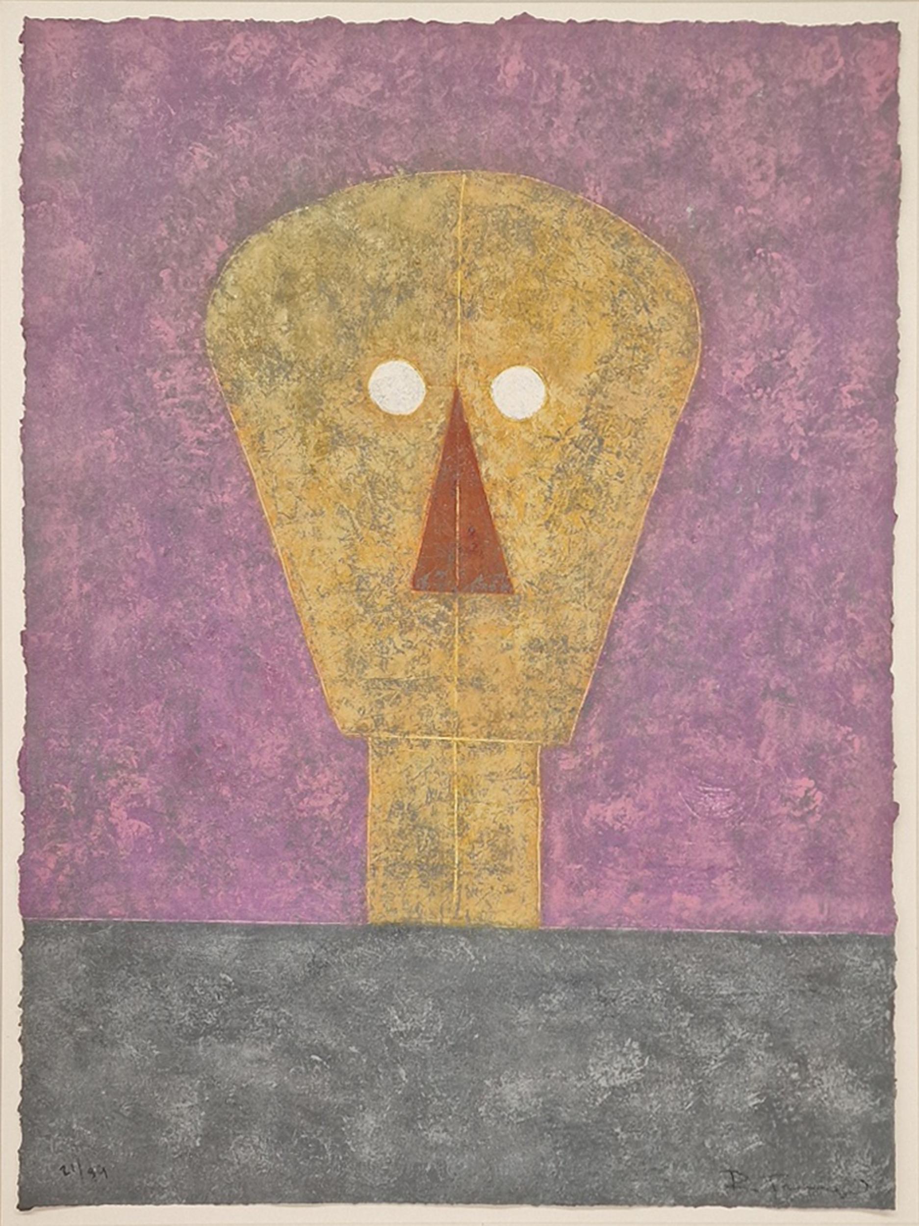 A Surrealist etching by Mexican artist Rufino Tamayo of a simple yellow figure against a pink  background, staring at the viewer with piercing white eyes. This piece is 21 of 99 numbered editions. This piece is signed in pencil by the artist.

Cabez