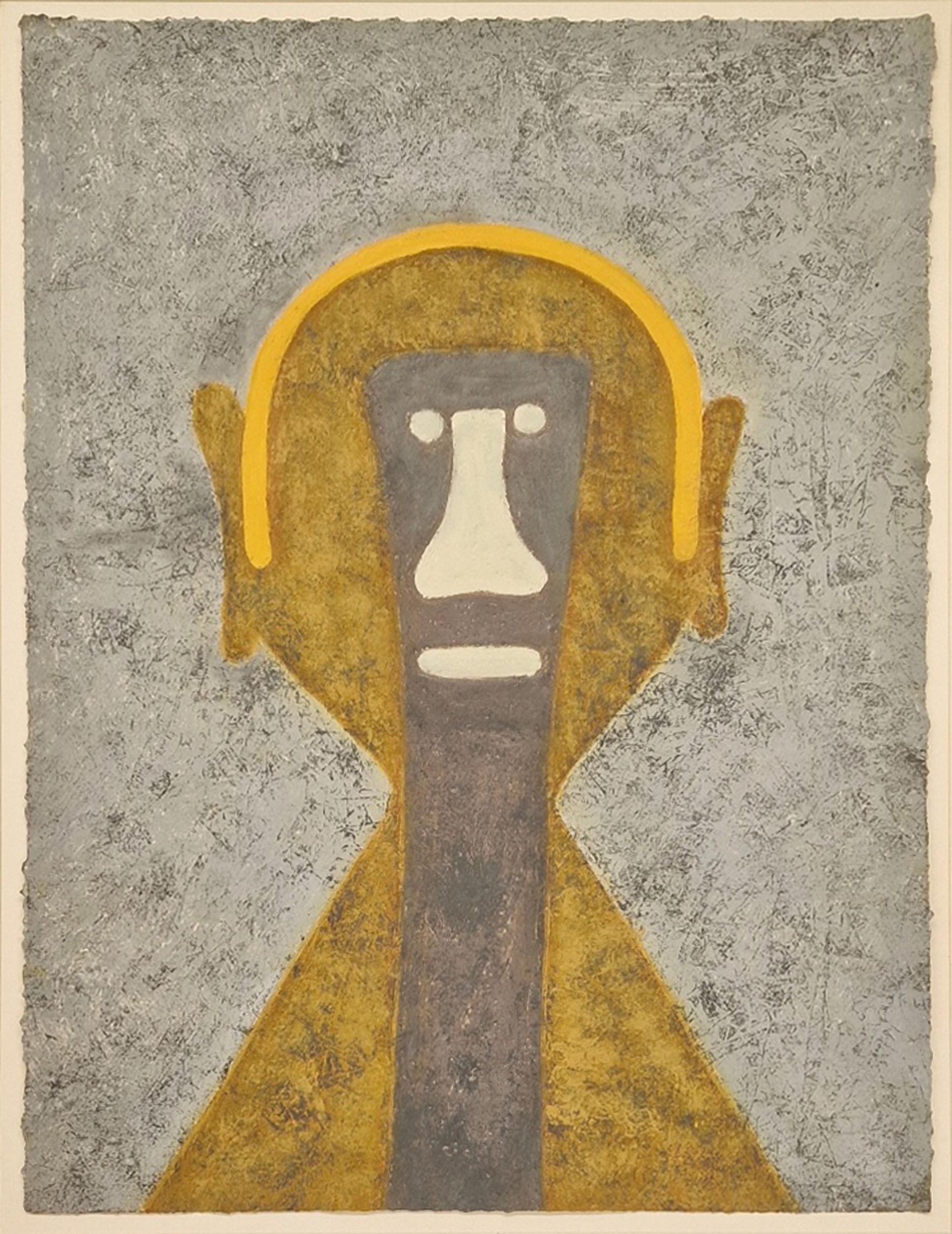 A Surrealist etching by Mexican artist Rufino Tamayo of a simple yellow figure against a gray background, staring at the viewer with piercing white eyes. This piece is one of 5 unnumbered HC prints off of a print run featuring 99 numbered editions.