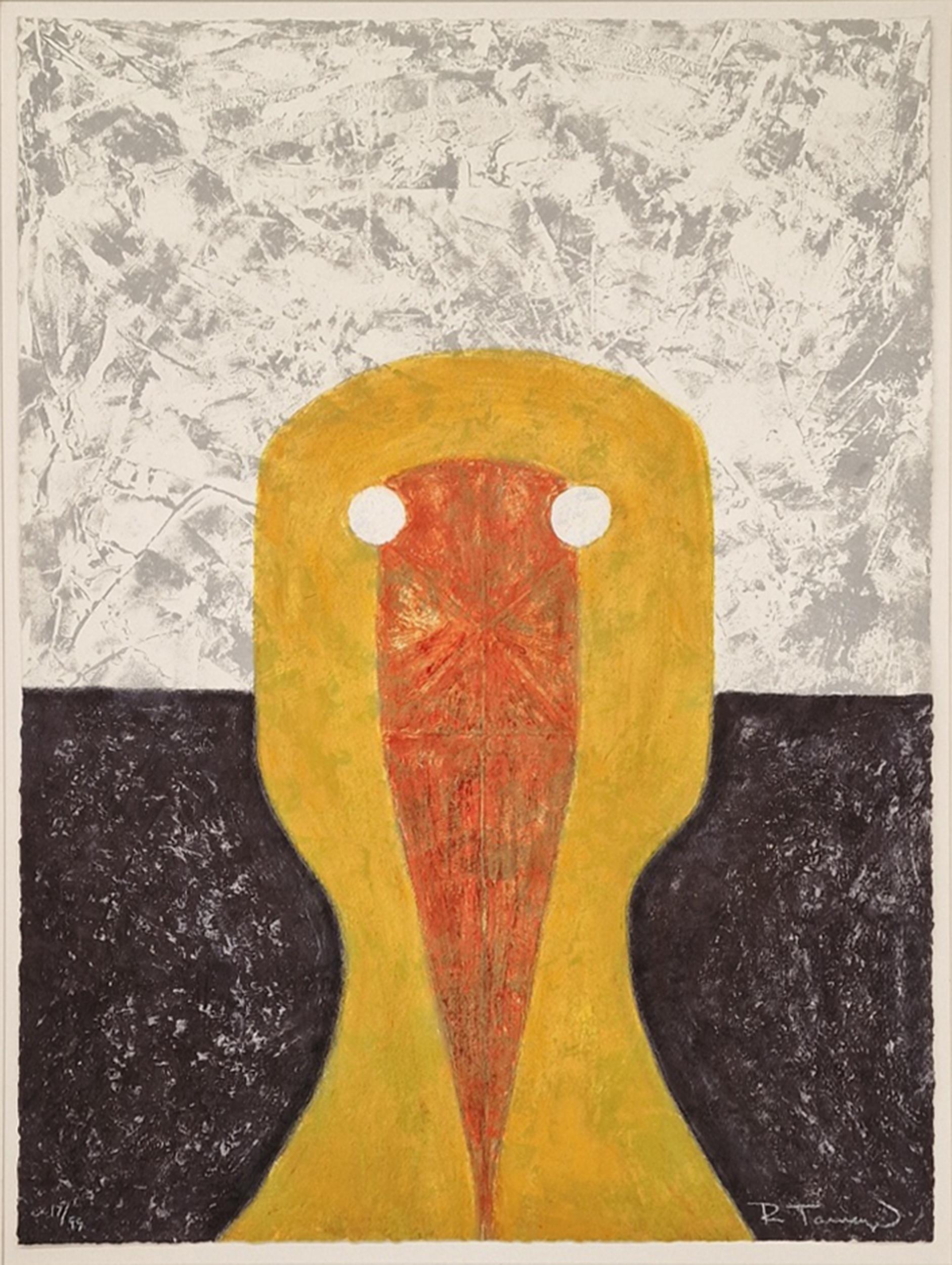 A Surrealist etching by Mexican artist Rufino Tamayo of a simple yellow figure with a bird beak against a white background, staring at the viewer with piercing white eyes. This piece is 17 of 99 numbered editions. This piece is signed in pencil by