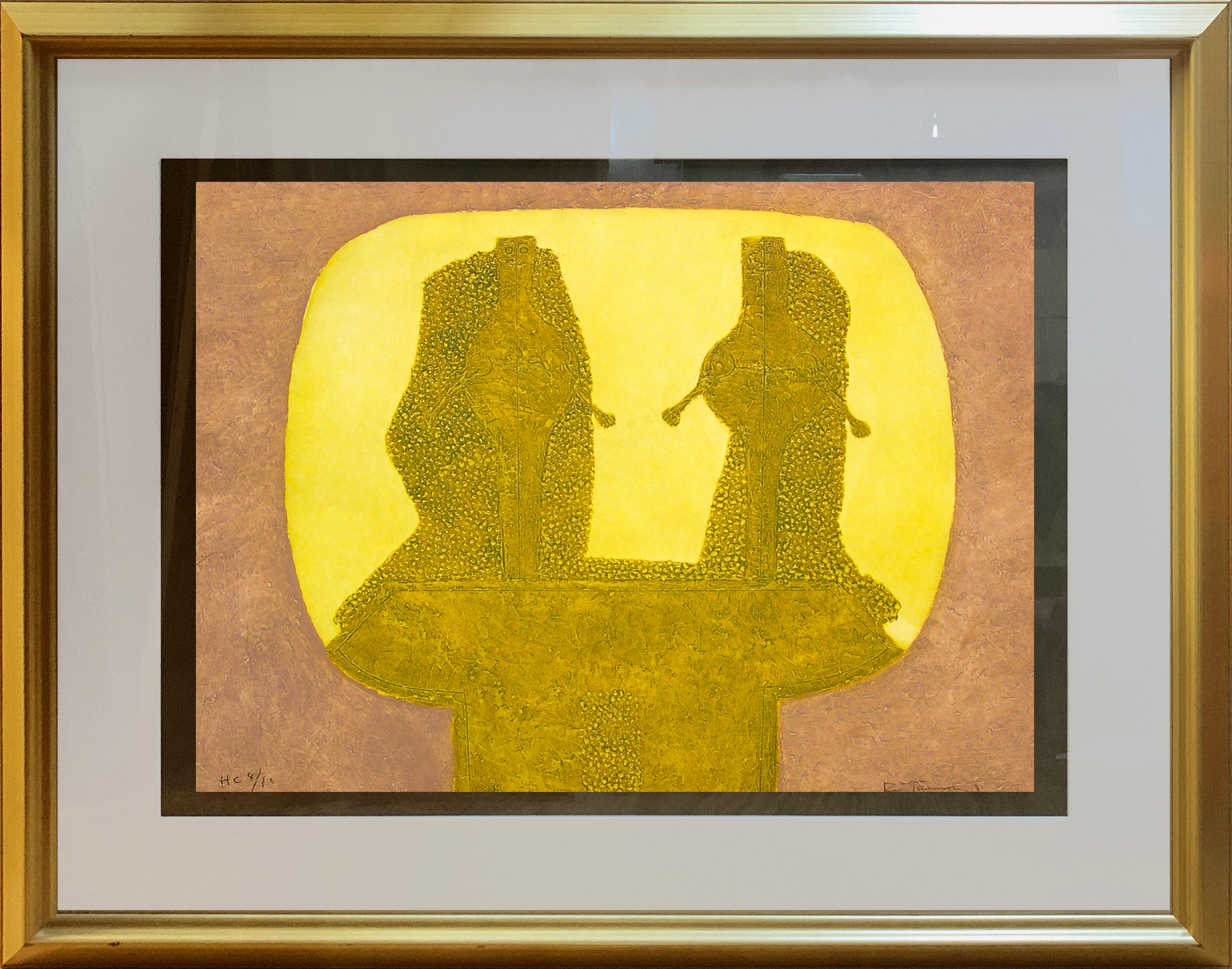 « Dos Figuras en Ochre », Rufino Tamayo, Abstraction figurative, eau-forte, 22 x 24 pouces en vente 1